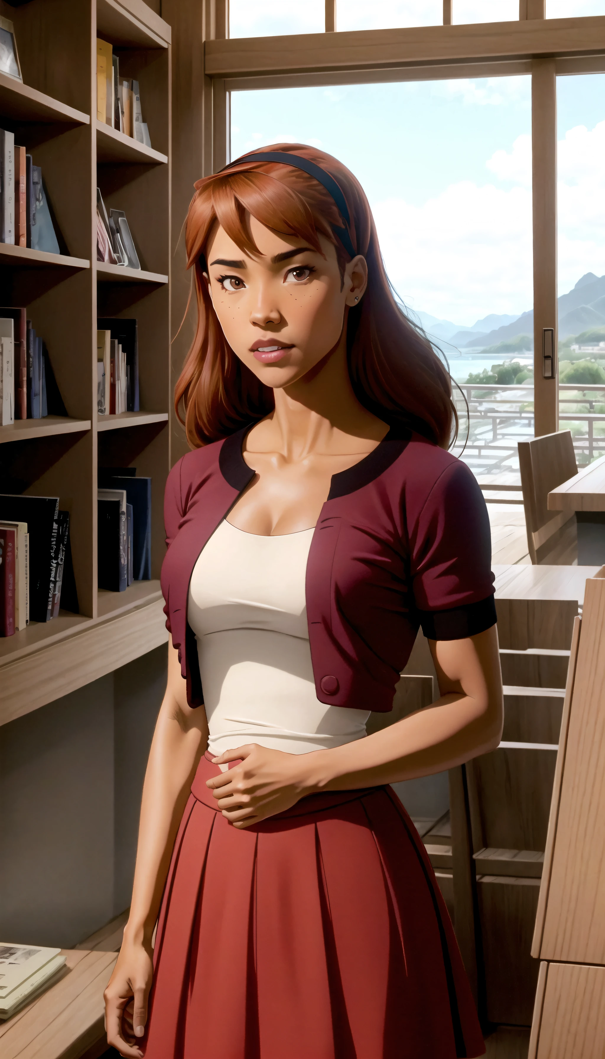 (cowboy shot), sfw, (masterpiece), (best quality:1.0), (ultra highres:1.0), detailed eyes
BREAK
<lora:MissMartianYJ-000009:0.8> MissMartianYJ, tan skin, 1girl
cropped sweater, red sweater, red skirt, red hairband, short sleeves
BREAK
(library, bookshelf, gorgeous view)