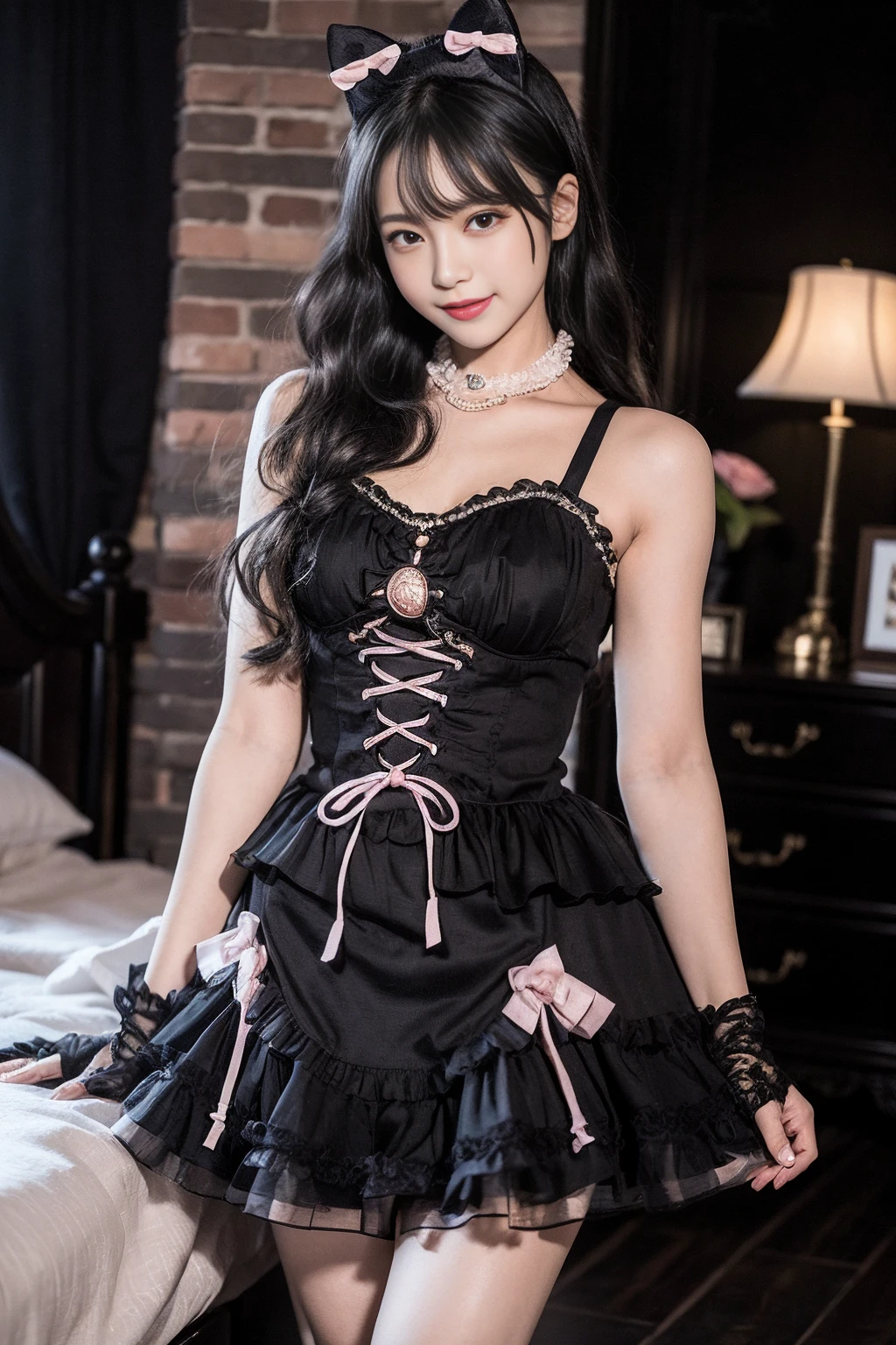 realistic, photorealistic, masterpiece, best quality, 1girl, solo, in bedroom, looking at viewer, smile, black_little_dress, (pureerosface_v1:0.8), <lora:Cute Asian Face:0.5>, <lora:little_black_dress_v1.1:0.7>