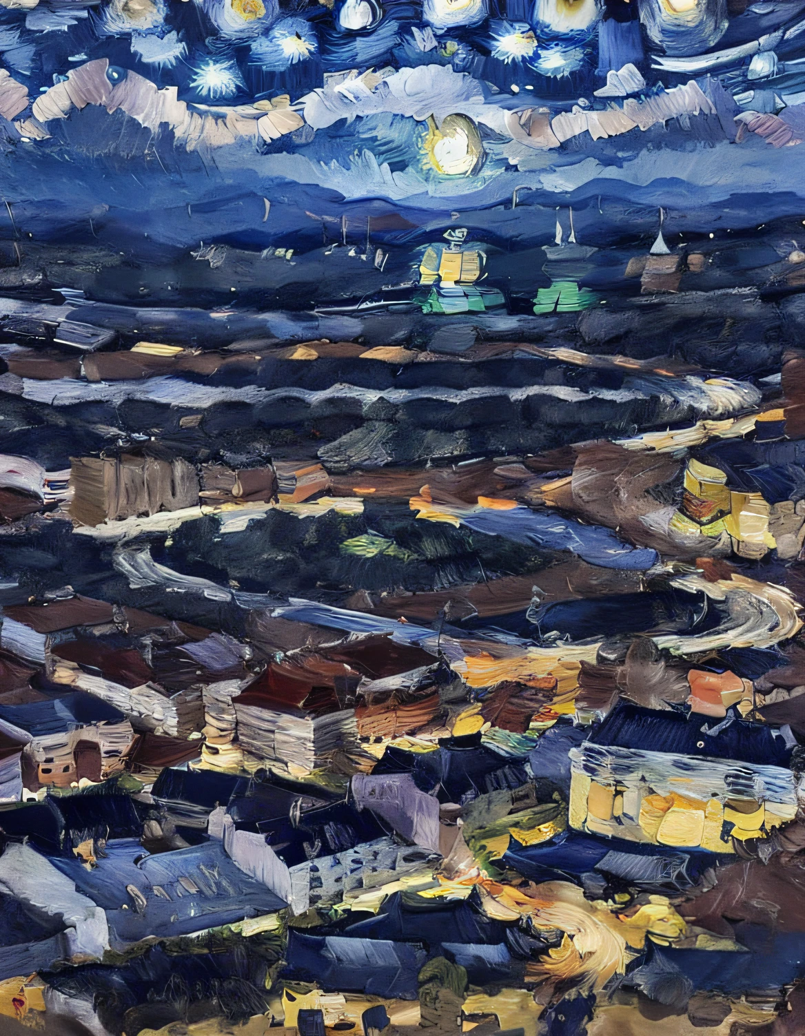 (painting by mse) (brush strokes) (vortex) professional artist, stars in night sky, van gogh style vortex in the sky, distorted, a award winning, Barcelona skyline, highly detailed, sharp focus, professional, 4k, max detail, highres,high detail, sharp focus, smooth, aesthetic, extremely detailed