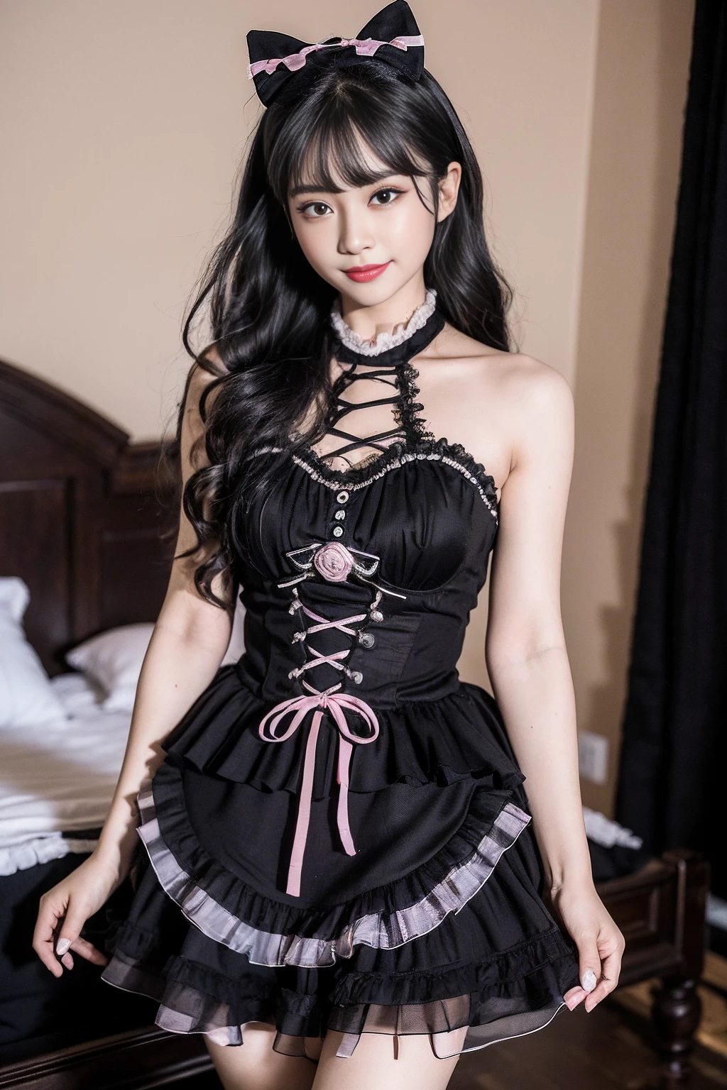 realistic, photorealistic, masterpiece, best quality, 1girl, solo, in bedroom, looking at viewer, smile, black_little_dress, (pureerosface_v1:0.8), <lora:Cute Asian Face:0.5>, <lora:little_black_dress_v1.1:0.7>