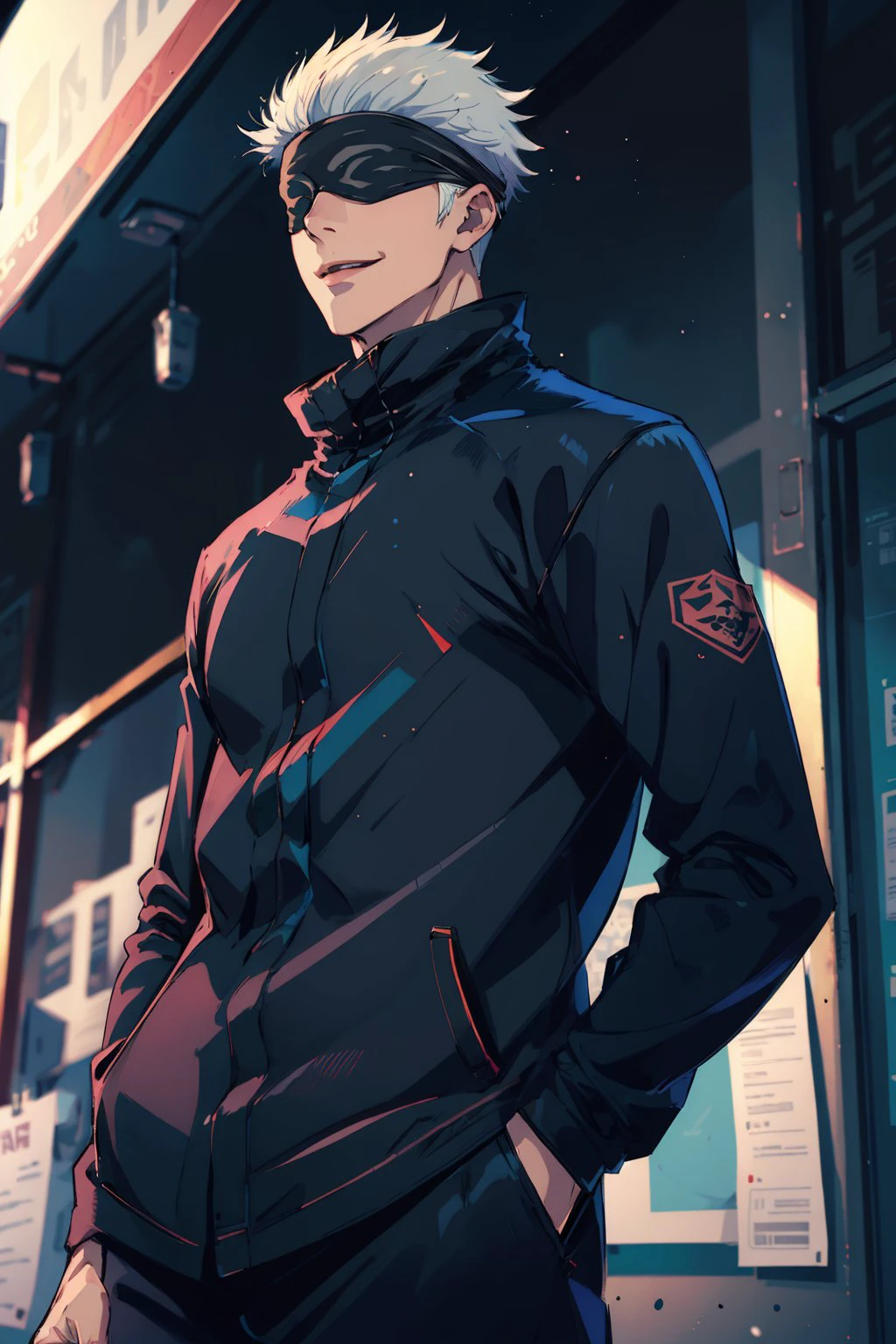 (masterpiece, best quality:1.2), <lora:jjk_gojo-11:1>, cowboy shot, solo, male focus, 1boy, gojo satoru, smile, hands in pockets, blindfold, black jacket