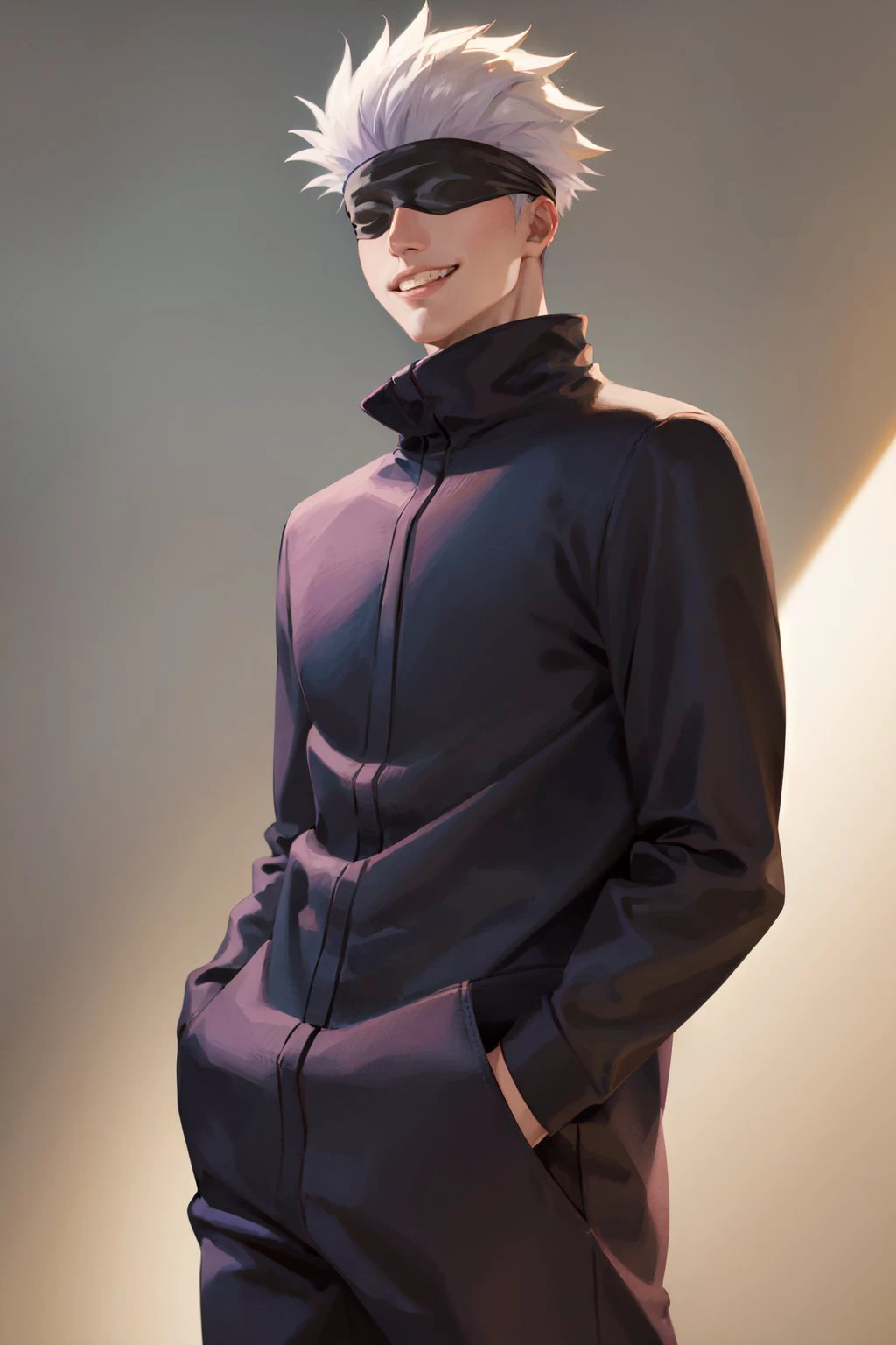 (masterpiece, best quality:1.2), <lora:jjk_gojo-11:1>, cowboy shot, solo, male focus, 1boy, gojo satoru, grin, looking at viewer, hands in pockets, blindfold, black jacket