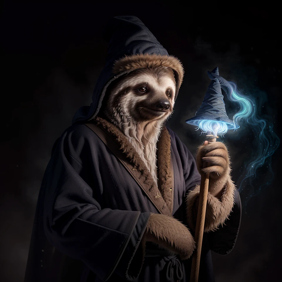 Masterpiece, best quality, photorealistic, photo of (wise old sloth with beard wearing mage robe:1.2), (wearing a wizard hat:1.17), cute, (wizard staff), dramatic lighting, (fog:0.6), haze, eerie background, photographed on a Sony A7R V, 100mm F2.8 L Macro lens, sharp focus, Cinestill 800T, HDR, 8K,