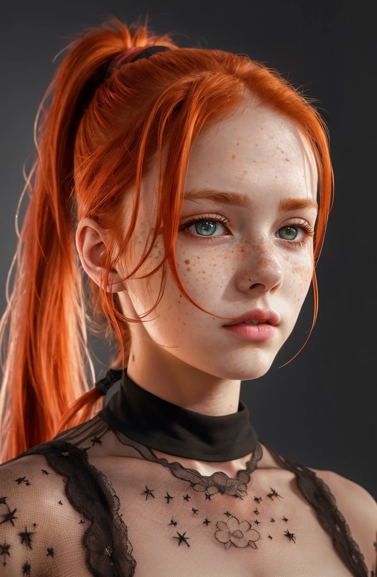 (8k, RAW photo, highest quality),(epic realistic:1.5), a girl, dynamic posture,erotic face,shirt,(detailed eyes:0.8),(looking at the camera:1.4), (highest quality), (best shadow),intricate details,cinematic,((skin:1.4)),interior, (long ponytail ginger hair:1.3),dark studio,(hdr:1.5),detailed, muted colors, freckles