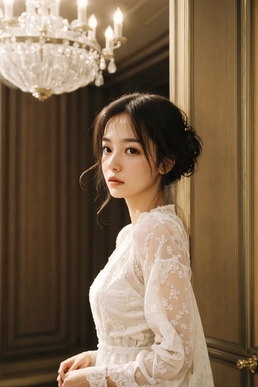 <lora:FilmGX2:0.6>, 1girl in a modern, elegant ball gown, styled with a sleek updo and minimalist jewelry. She should have a confident, regal expression. The background is a luxurious modern palace, with clean lines, high ceilings, and extravagant chandeliers. The photo should be shot in high definition, with a sharp focus on the subject and a soft, blurred background for a captivating portrait