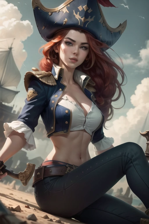 ((4K,work of art, best qualityer)), 1womanl, (miss fortune league of legends), (miss fortune battle bunny), russet hair, defined body, blue colored eyes, voluminous breasts, big-ass
