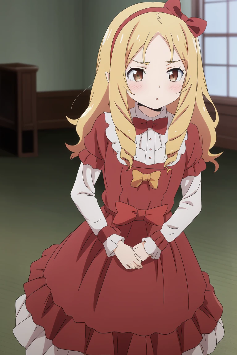 <lora:Eromanga_yamada elf:0.7> yamada, brown_eyes, dress, hairband, red_dress, red_bow,, 8k, masterpiece, absurdres, anime,