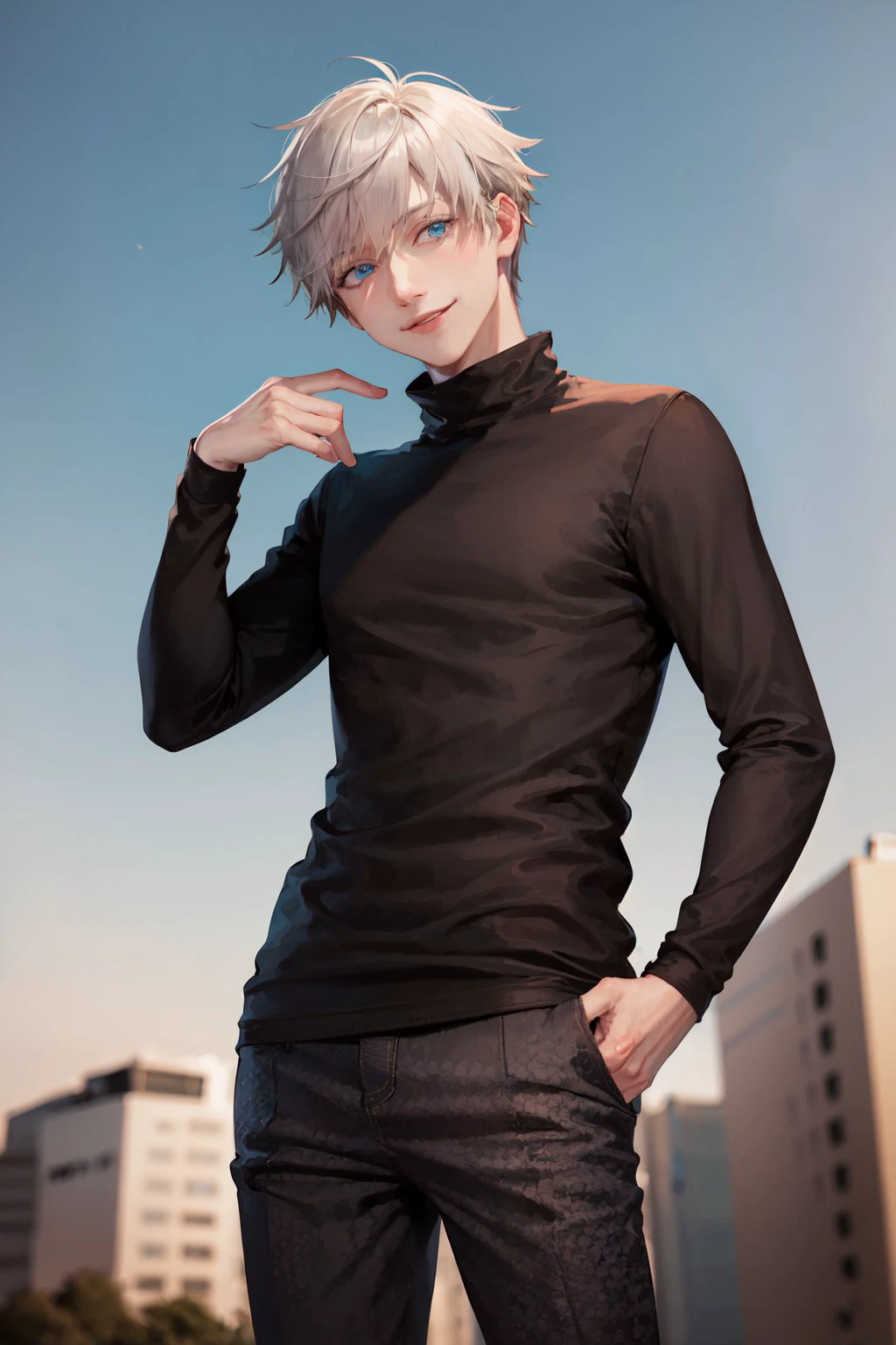 (masterpiece, best quality:1.2), <lora:jjk_gojo-11:1>, cowboy shot, solo, male focus, 1boy, gojo satoru, smile, looking at viewer, hand on hip, blue eyes, black sweater, long sleeves, black pants