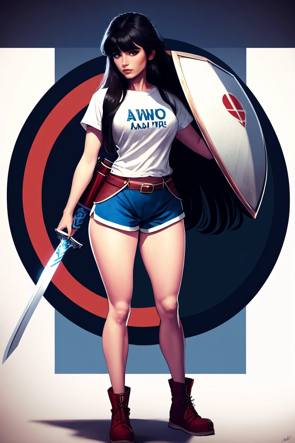 Highly detailed, High Quality, Masterpiece, <lora:UnlimitedBladeWorksv0.2:0.9>, Sword and Shield, 1girl, solo, black hair, long hair, red eyes, shirt, white shirt, shorts, short shorts, blue shorts, full body, nice hands, perfect hands, <lora:Other_EnvyBetterHands:1>, (detailed face and eyes:1.3)