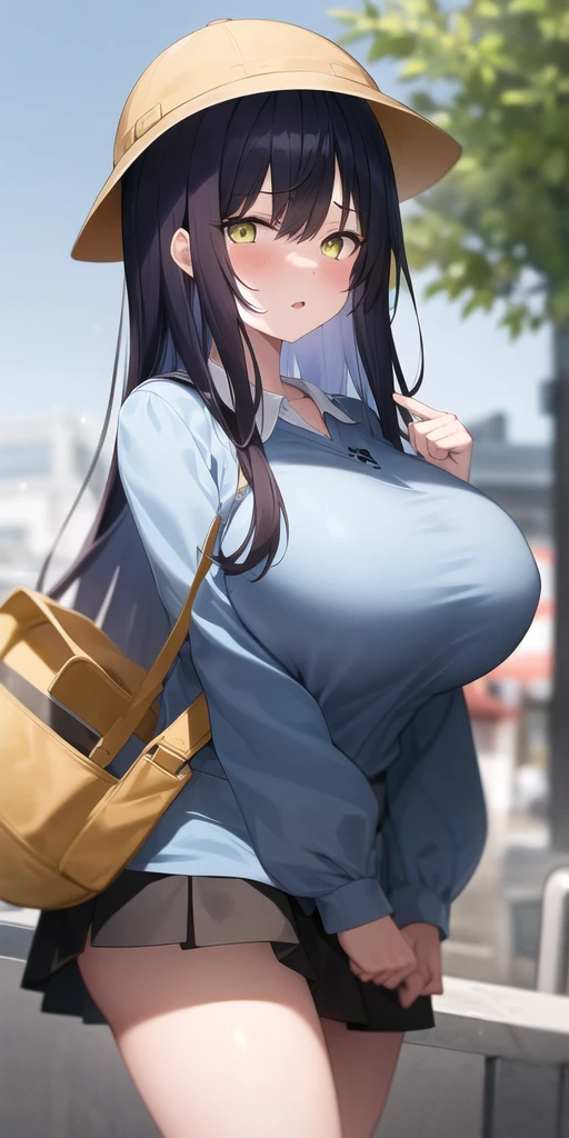 1girl, (kindergarten_uniform:1.2), yellow_hat,yellow_bag,black_skirt,tall,(huge breasts:1.0)