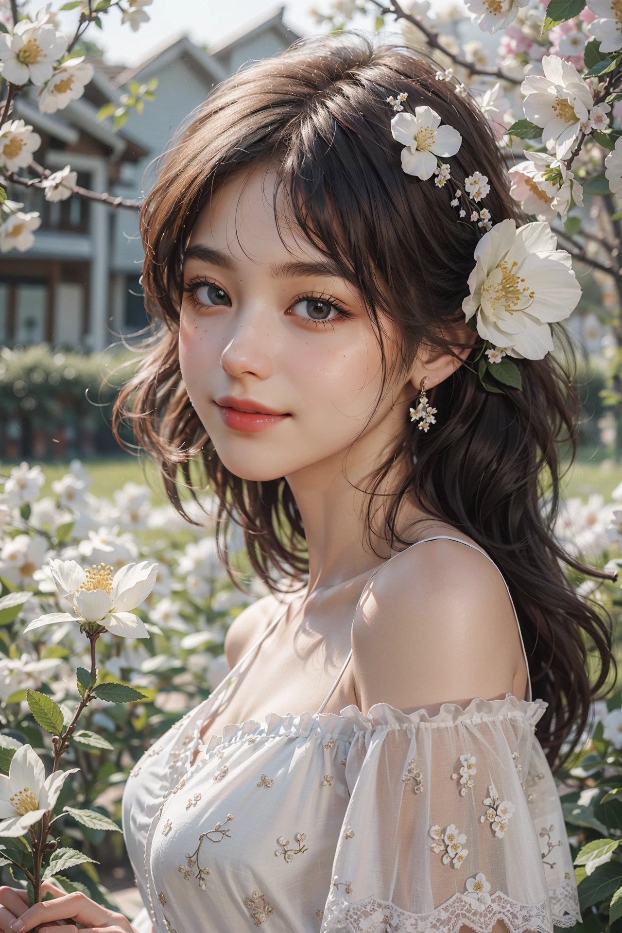 Best quality, masterpiece, ultra high res, (photorealistic:1.4), raw photo, 1girl, white dress, off shoulder, blossom flower field, glowing skin, light smile