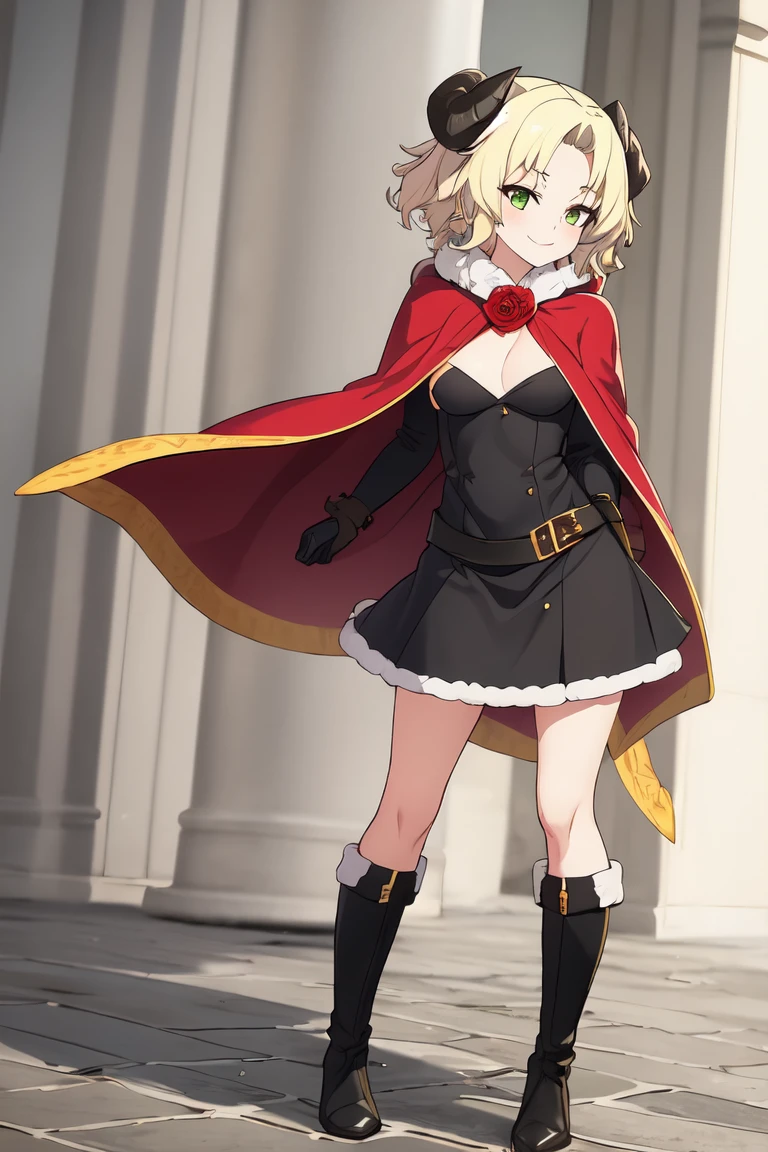 <lora:PecoraV1:0.77>
pecora
((best quality)), ((masterpiece)), (detailed)
1girl, ankle_boots, black_footwear, blonde_hair, breasts, cape, coat, dress, flower, full_body, fur_trim, gloves, green_eyes, horns, red_rose, rose, short_hair, smile, solo, transparent_background