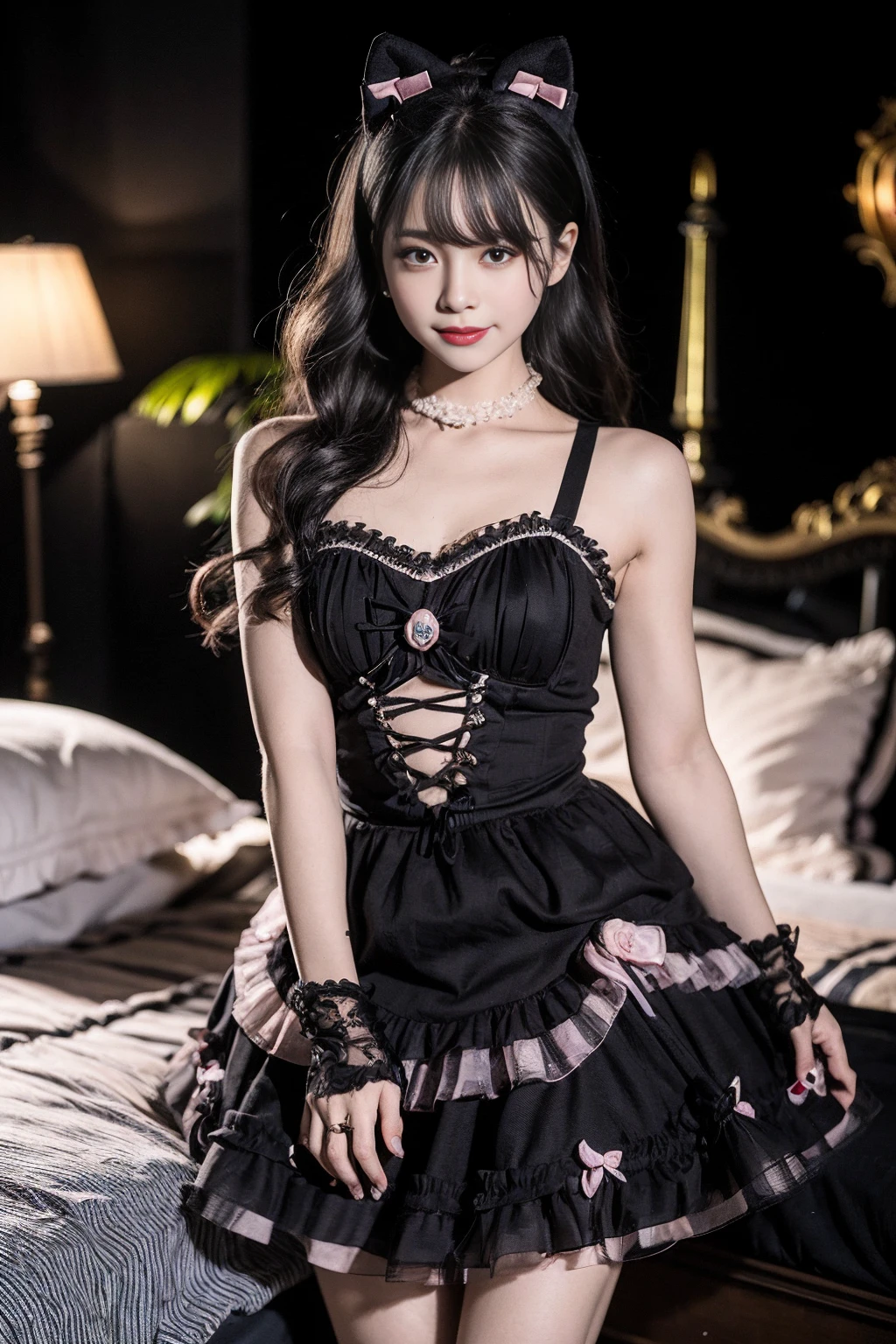 realistic, photorealistic, masterpiece, best quality, 1girl, solo, in bedroom, looking at viewer, smile, black_little_dress, (pureerosface_v1:0.8), <lora:Cute Asian Face:0.5>, <lora:little_black_dress_v1.1:0.7>