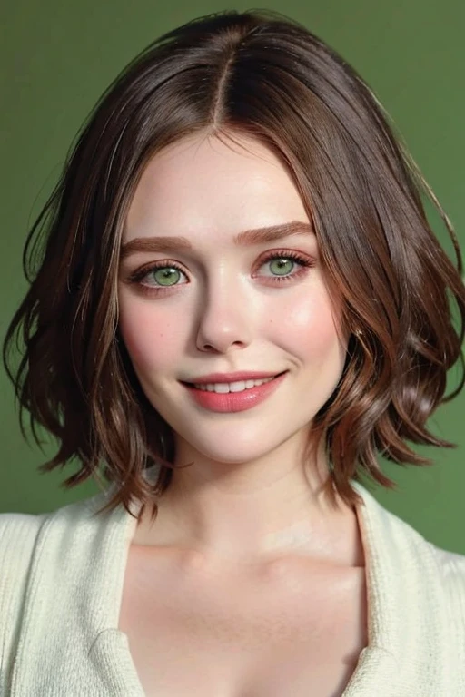 best quality, elizabeth_olsen, 1girl, solo, short hair, looking at viewer, smile, green eyes,teeth, lips, portrait, realistic, simple background, upper body,