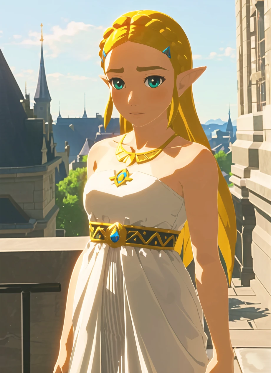 botw style, princess zelda, 1girl, bangs, blonde hair, breasts, white dress, hair ornament, bare shoulders, green eyes, jewelry, long hair, (town), outdoors, pointy ears, small breasts, solo, standing, upper body, ((masterpiece)) <lora:botw_style_offset:1>