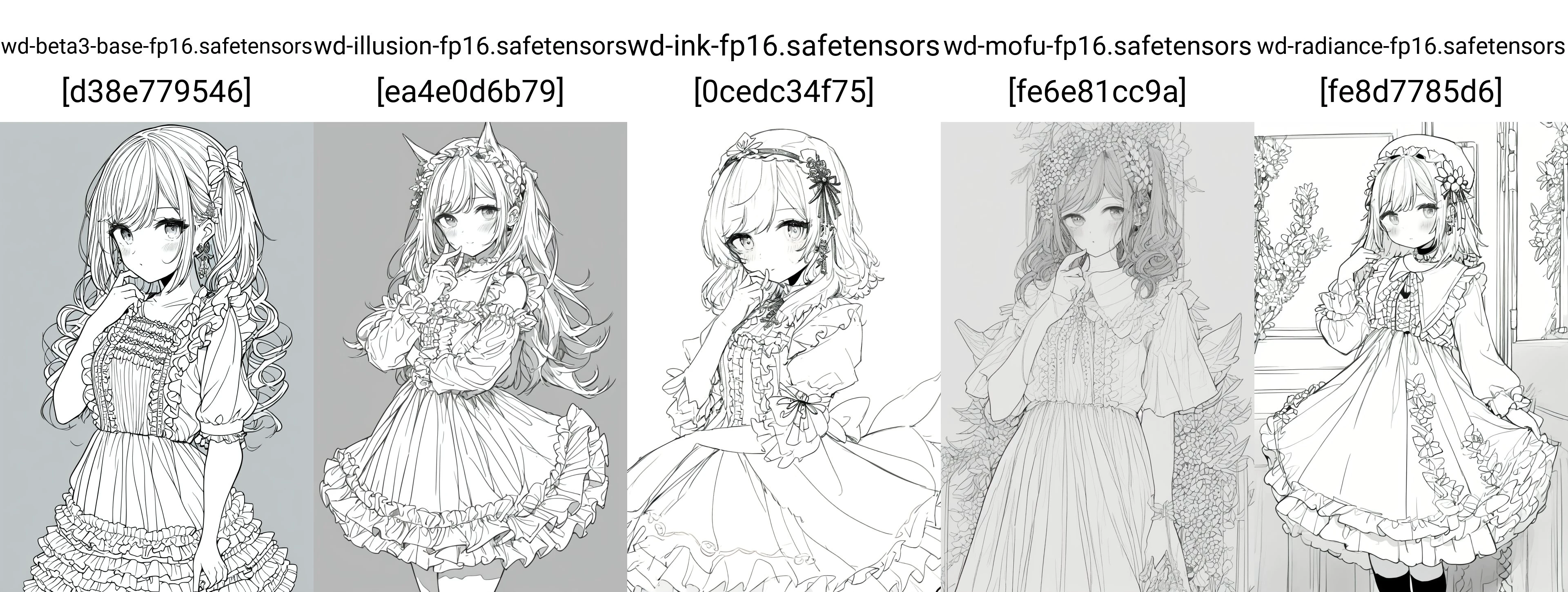 frill dress, (front view:1.4) monochrome, lineart, <lyco:sd2ly_line:0.8>