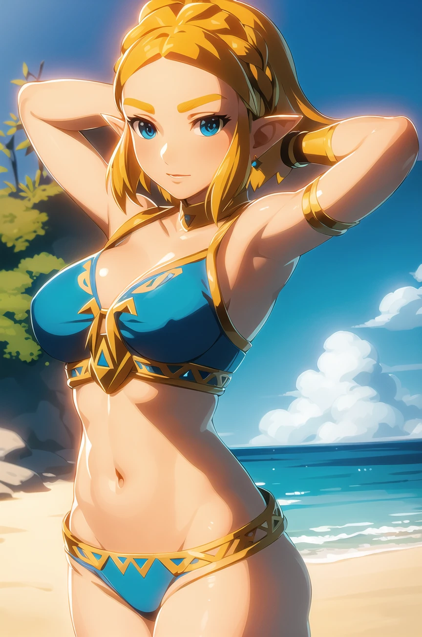 masterpiece,best quality,<lora:zelda_shorthair_v5:0.6>,zelda\(princess\), 1girl, solo, breasts,short_hair,bikini,beach,pose