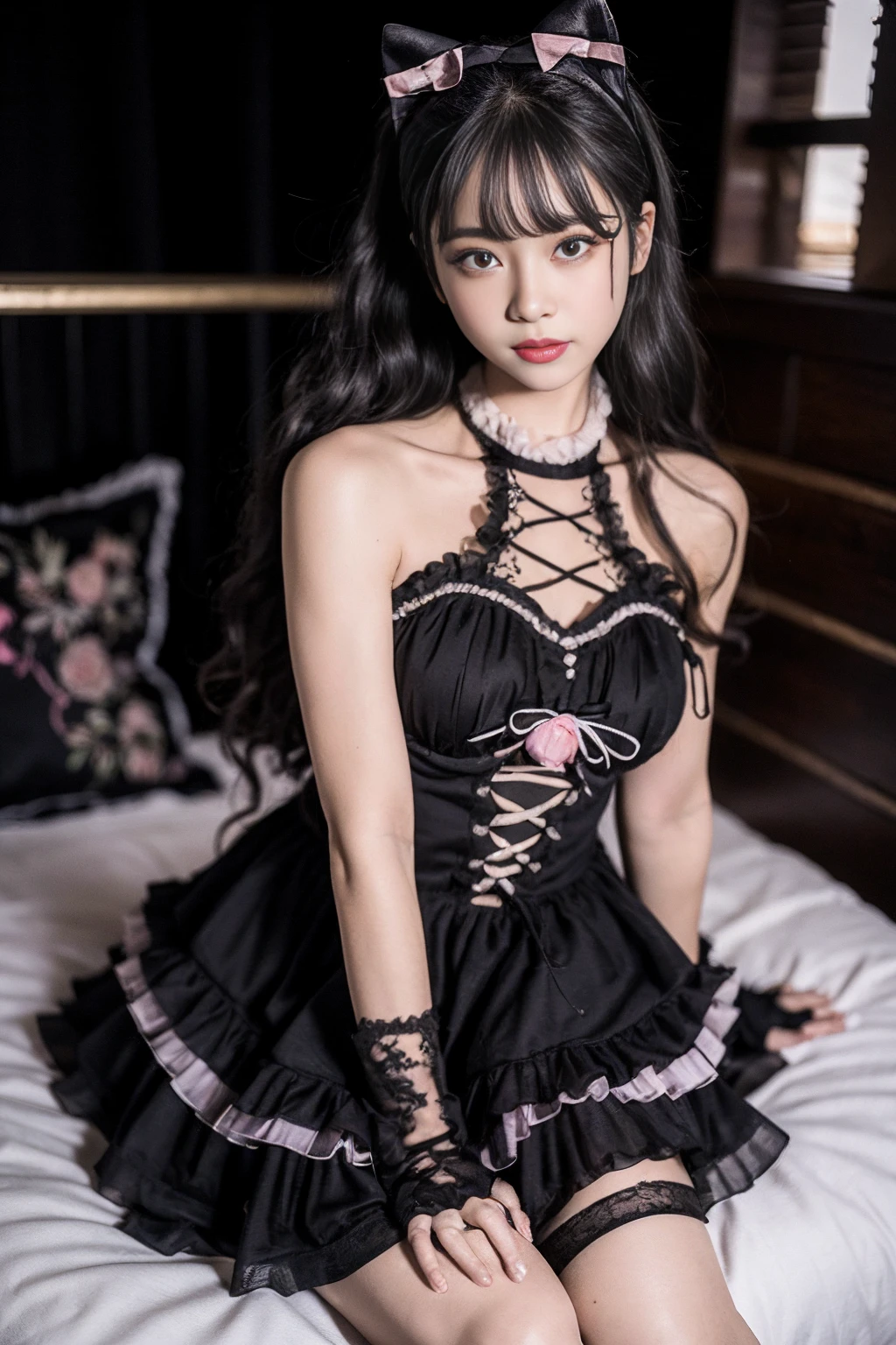 realistic, photorealistic, masterpiece, best quality, 1girl, solo, in bedroom, looking at viewer, smile, black_little_dress, (pureerosface_v1:0.8), <lora:Cute Asian Face:0.5>, <lora:little_black_dress_v1.1:0.7>