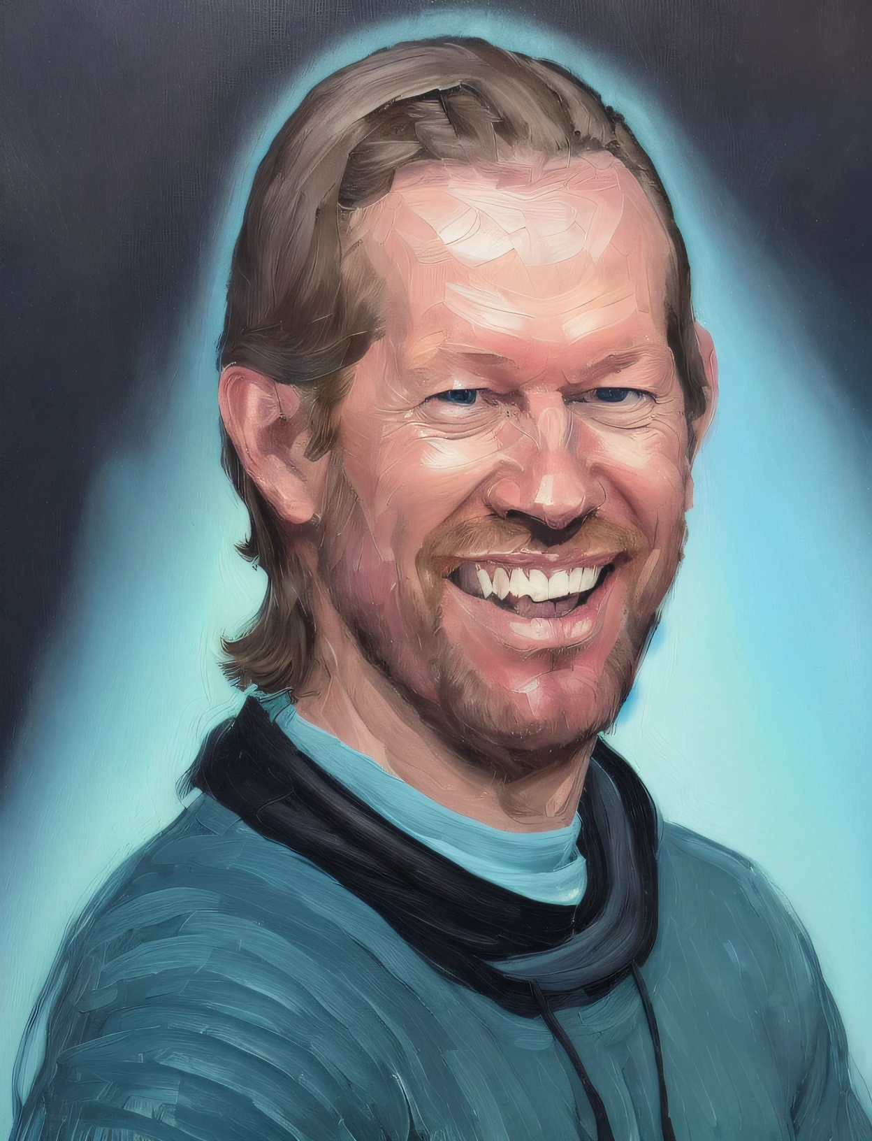 (a painting by mse) close up a award winning photo of smiling aphex twin posing in a dark studio, (rim lighting,:1.4) two tone lighting, sharp focus, teal hue, dimly lit, low key, highly detailed, sharp focus, unreal, professional, 4k, max detail, highres, high detail, sharp focus, smooth, aesthetic, extremely detailed, 8k, uhd