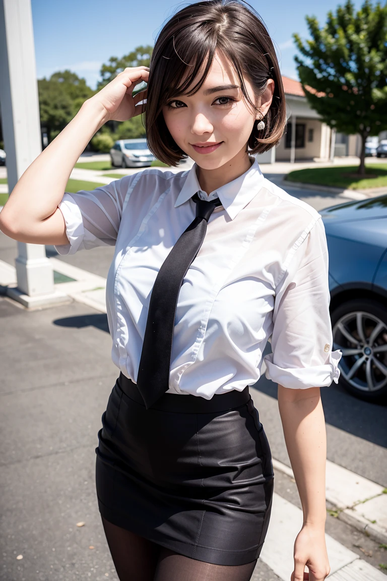 (8k, best quality, masterpiece:1.2), (realistic, photo-realistic:1.37), ultra-detailed, 1 girl, full body, outdoors, (adjusting hair:1.5) office lady, black officeblazer, officeskirt, (pantyhose:1.2), (short buttoneddownshirt:1.2), buttonedupcollarprim, buttoneddowncollarprim, bra, (pantyhose:1.2), alphalayers, highheels, beautiful earrings, cute, solo, beautiful detailed sky, (smile:1.15), (closed mouth), small breasts, beautiful detailed eyes, business attire, (short hair:1.2), floating hair