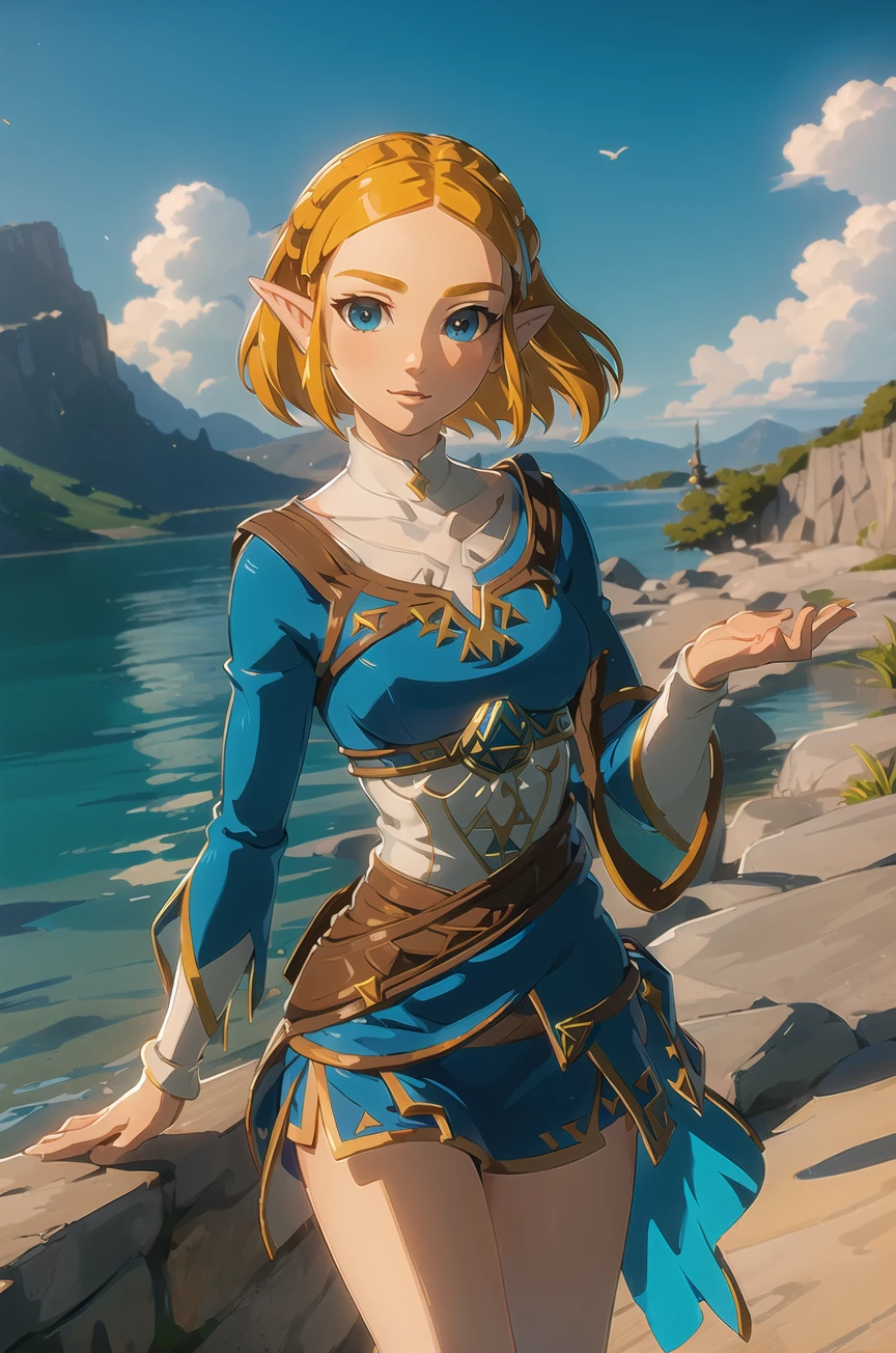 ((masterpiece,best quality)),<lora:zelda_shorthair_v5:0.6>,zelda\(princess\), 1girl, solo, breasts,short_hair,dress,portrait,looking at viewer,smile,8k wallpaper,in the lake,black_cape,close up