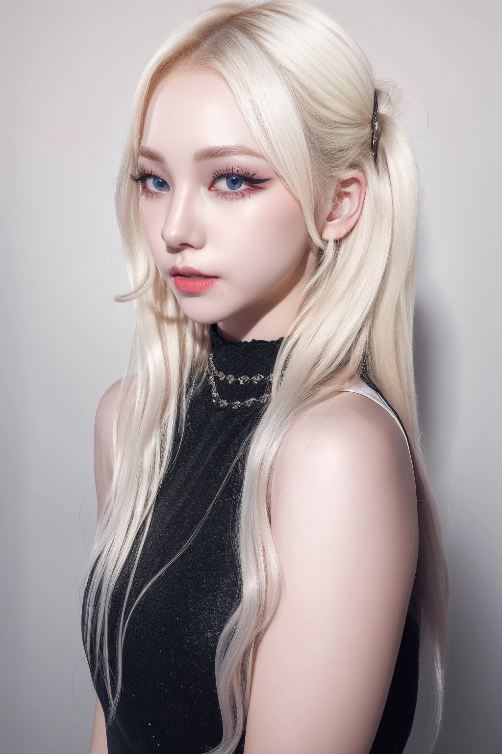 (8k, 4k, best quality, highres, ultra high res:1.1), (masterpiece, realistic, photo-realistic:1.1), 1girl, face, close-up, twintails, blonde hair, black eyes, red lips, (looking at viewer:1.5), absurdly long hair, long eyelashes, eyeshadow, small face, big eyes,
bare shoulders,
high contrast,