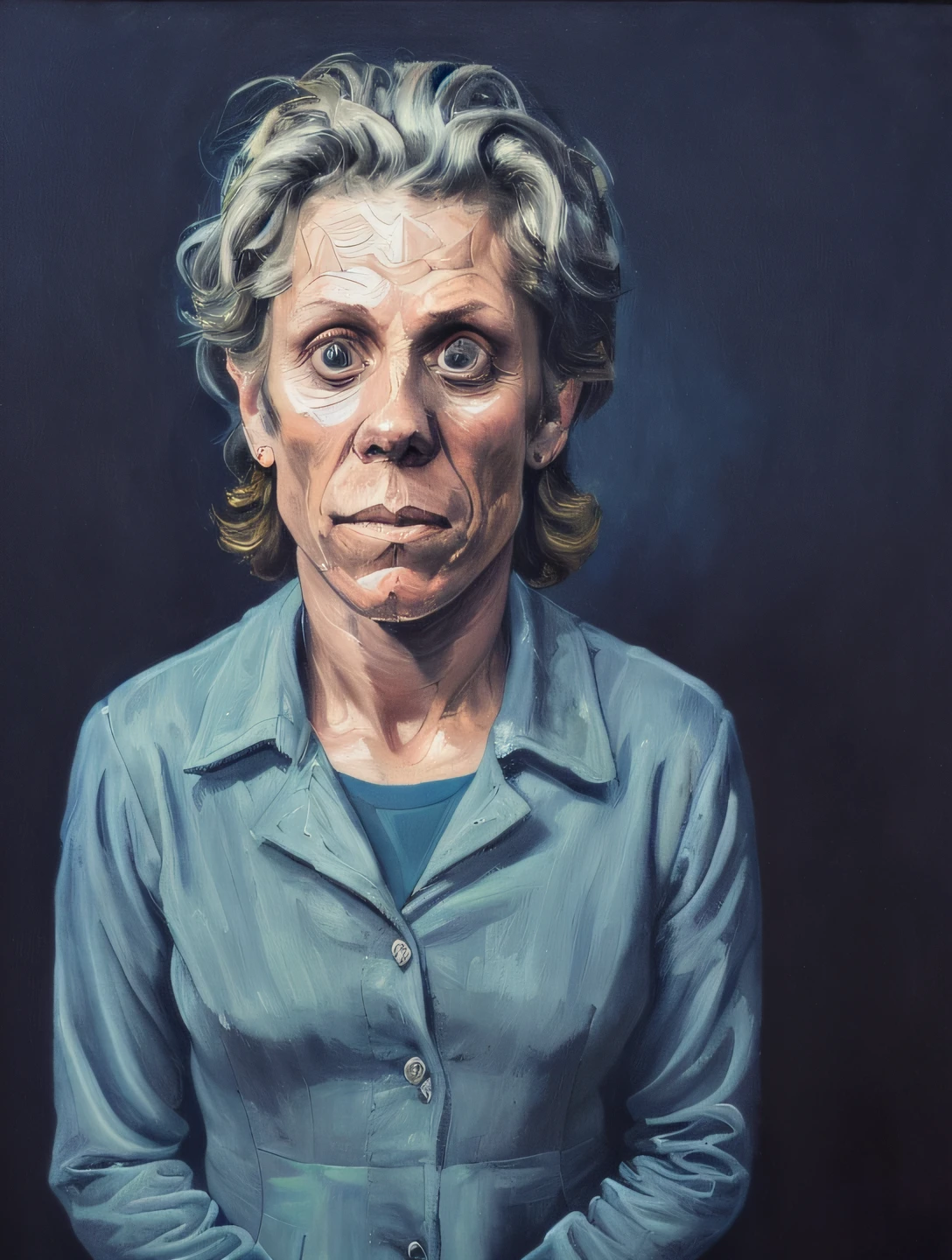 (a painting by mse) portrait of old mad woman Frances McDormand posing in a dark studio, (rim lighting,:1.4) two tone lighting, sharp focus, teal hue, dimly lit, low key, highly detailed, sharp focus, professional, 4k, max detail, highres, high detail, sharp focus, smooth, aesthetic, extremely detailed, 8k, uhd