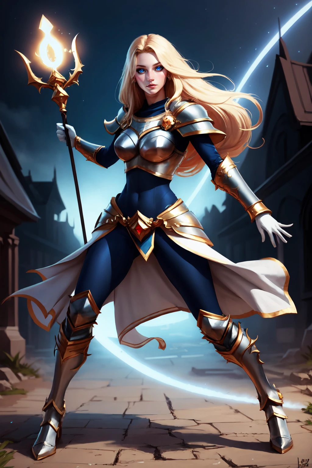 Highly detailed, High Quality, Masterpiece, <lora:UnlimitedBladeWorksv0.2:0.9>, Staff, nice hands, perfect hands, <lora:Other_EnvyBetterHands:1>, 1girl, full body, lux1, lux_(league_of_legends), long hair, armor, breastplate, bodysuit, white gloves, boobplate, <lora:Char_LoL_Lux:0.5>, (detailed face and eyes:1.3)