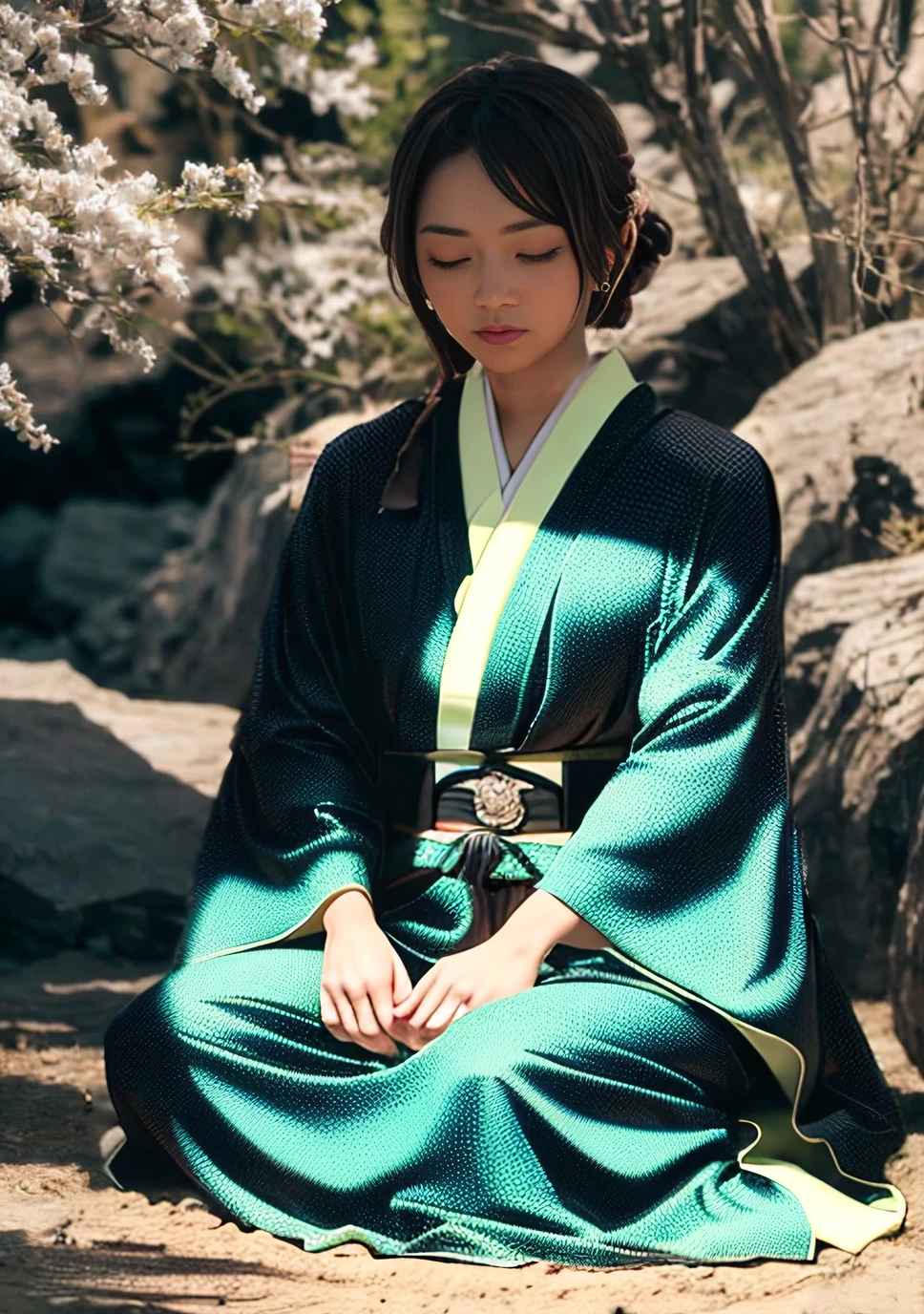 (Jedi meditation:1.3), serene photo,1girl, in deep meditation, long kimono, japanese clothes, sitting cross-legged, wearing shoes, (desert oasis:1.1), surrounded by blooming desert flowers, spiritual retreat, transcendent tranquility, desert enlightenment, Absurdres, hdr, ultra detailed illustration, extremely detailed face, RAW photo, film grain, skin pores, trending on deviantart