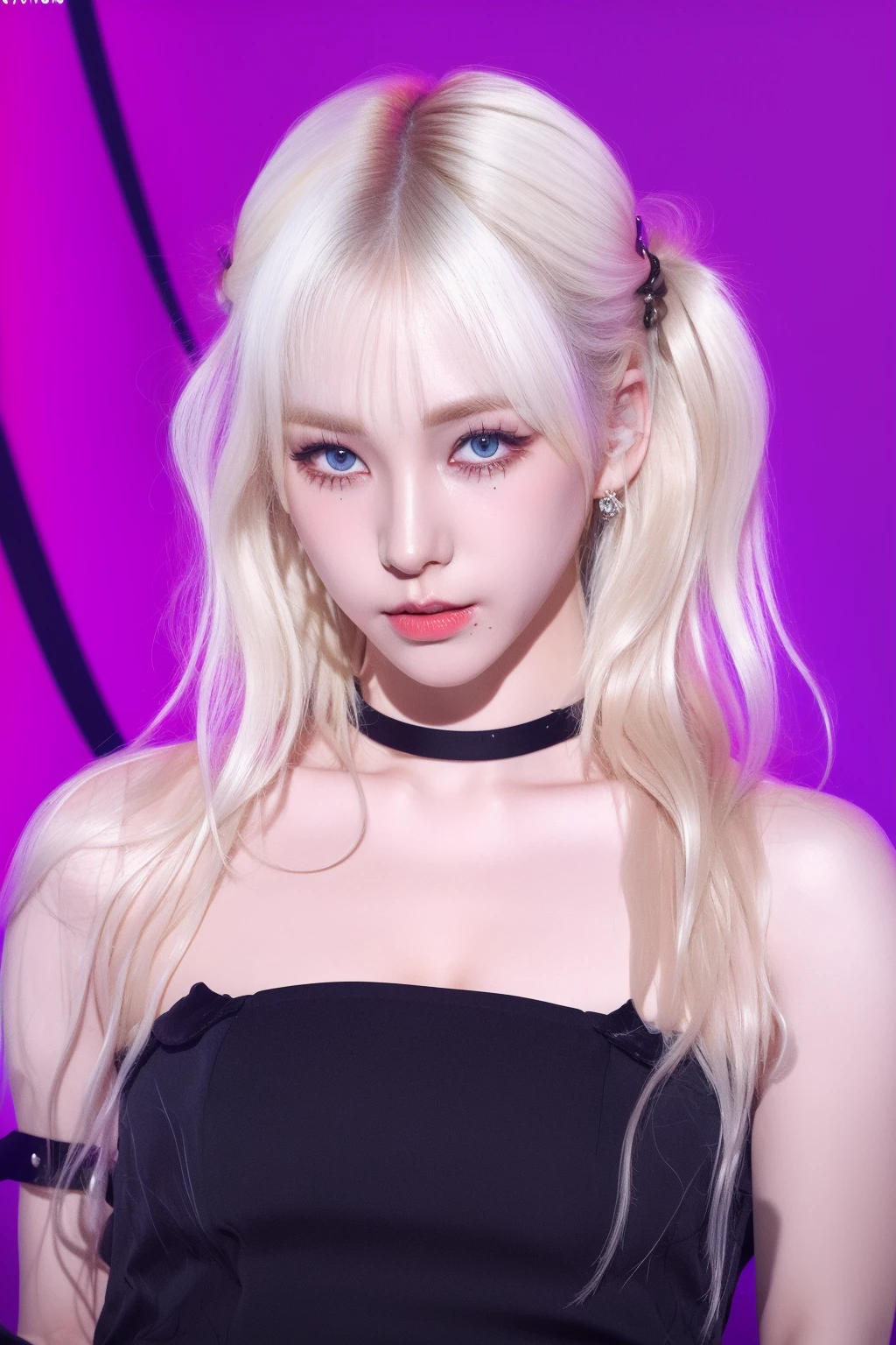 (8k, 4k, best quality, highres, ultra high res:1.1), (masterpiece, realistic, photo-realistic:1.1), 1girl, face, close-up, twintails, blonde hair, black eyes, red lips, (looking at viewer:1.5), absurdly long hair, long eyelashes, eyeshadow, small face, big eyes,
bare shoulders,
high contrast,