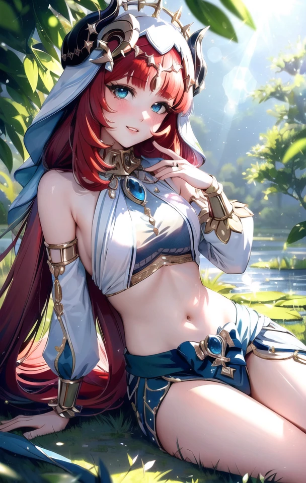 nilou \(genshin impact\), looking back, smile,
1girl, bangs, blush, breasts, bridal gauntlets, cape, detached sleeves, horns, jewelry, navel, parted lips, revealing clothes, sitting, solo, thighs
(masterpiece, best quality, ultra-detailed), (beautiful detailed face, beautiful detailed eyes),
mksks style, beautiful background, (beautiful wetland, holographic interface, lens flare, chromatic aberration:1.2),