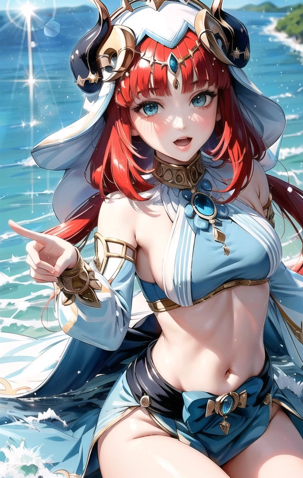 nilou \(genshin impact\), (open mouth, dancing, cowboy shot:1.2),
1girl, bangs, blush, breasts, bridal gauntlets, cape, detached sleeves, horns, jewelry, navel, parted lips, revealing clothes, sitting, solo, thighs
(masterpiece, best quality, ultra-detailed), (beautiful detailed face, beautiful detailed eyes),
mksks style, beautiful background, (beautiful sea, holographic interface, lens flare, chromatic aberration:1.2),