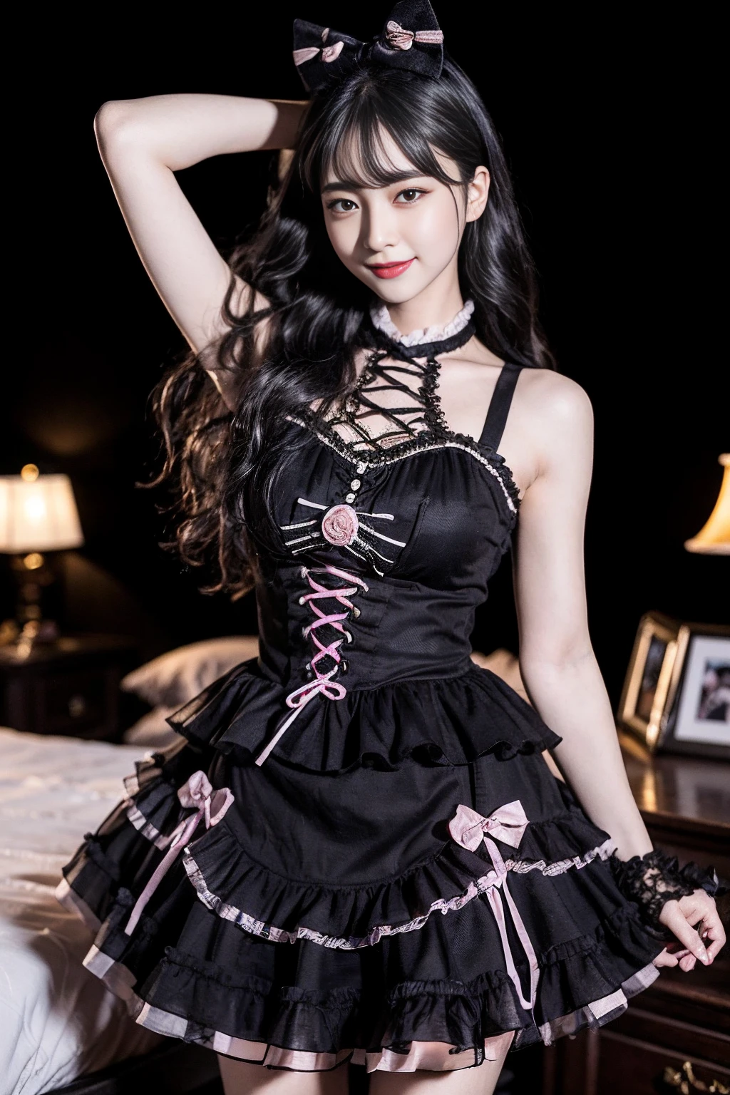 realistic, photorealistic, masterpiece, best quality, 1girl, solo, in bedroom, looking at viewer, smile, black_little_dress, (pureerosface_v1:0.8), <lora:Cute Asian Face:0.5>, <lora:little_black_dress_v1.1:0.7>