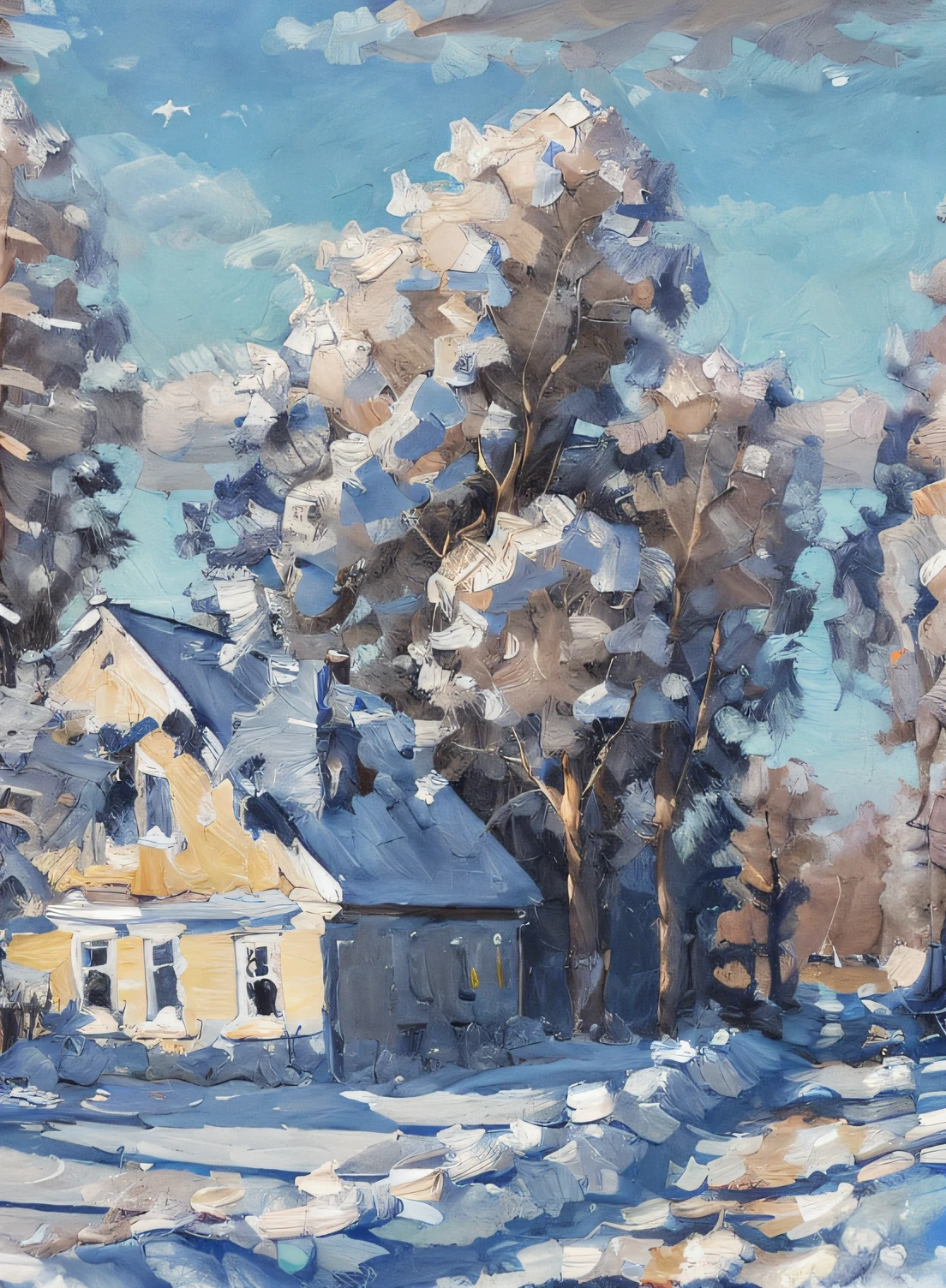 (a painting by mse) (brush strokes) a painting of a snowy house and trees in the background and a blue sky with clouds above, winter, highly detailed, sharp focus, professional, 4k, max detail, highres,high detail, sharp focus, smooth, aesthetic, extremely detailed