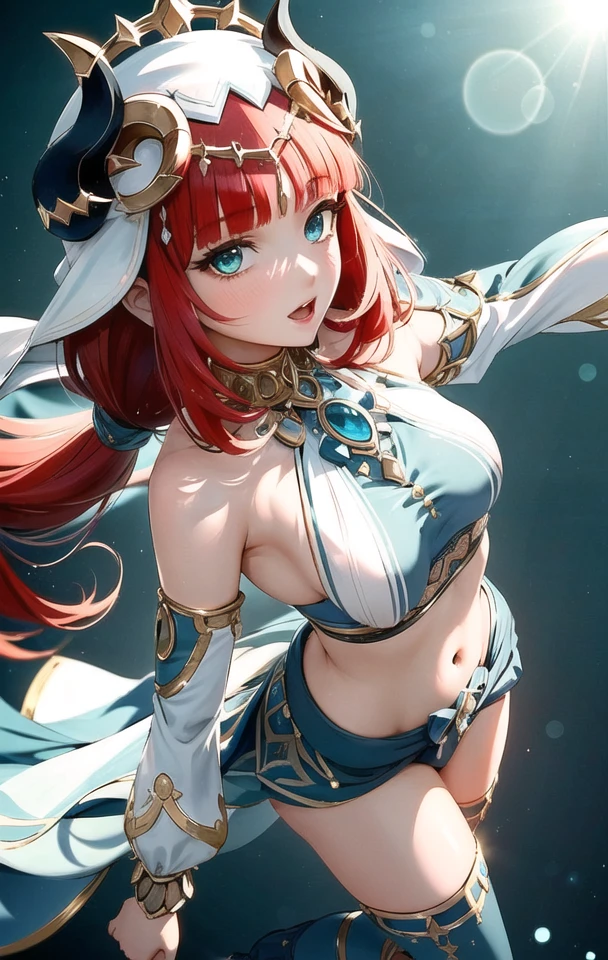 nilou \(genshin impact\), (open mouth, dancing, from above:1.2),
1girl, standing, gold footwear, bangs, blush, breasts, bridal gauntlets, cape, detached sleeves, horns, jewelry, navel, parted lips, revealing clothes, sitting, solo, thighs
(masterpiece, best quality, ultra-detailed), (beautiful detailed face, beautiful detailed eyes),
mksks style, beautiful background, (beautiful fjord, holographic interface, lens flare, chromatic aberration:1.2),