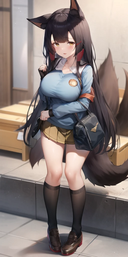 AkagiV4, azur lane, akagi \(azur lane\), 1girl,(breasts), (kindergarten_uniform:1.3),full_body,standing, yellow_hat, school_hat,school_bag,pleated_skirt,yellow skirt,tall, animal ears,black hair, brown tail, fox ears, fox girl, fox tail, gloves