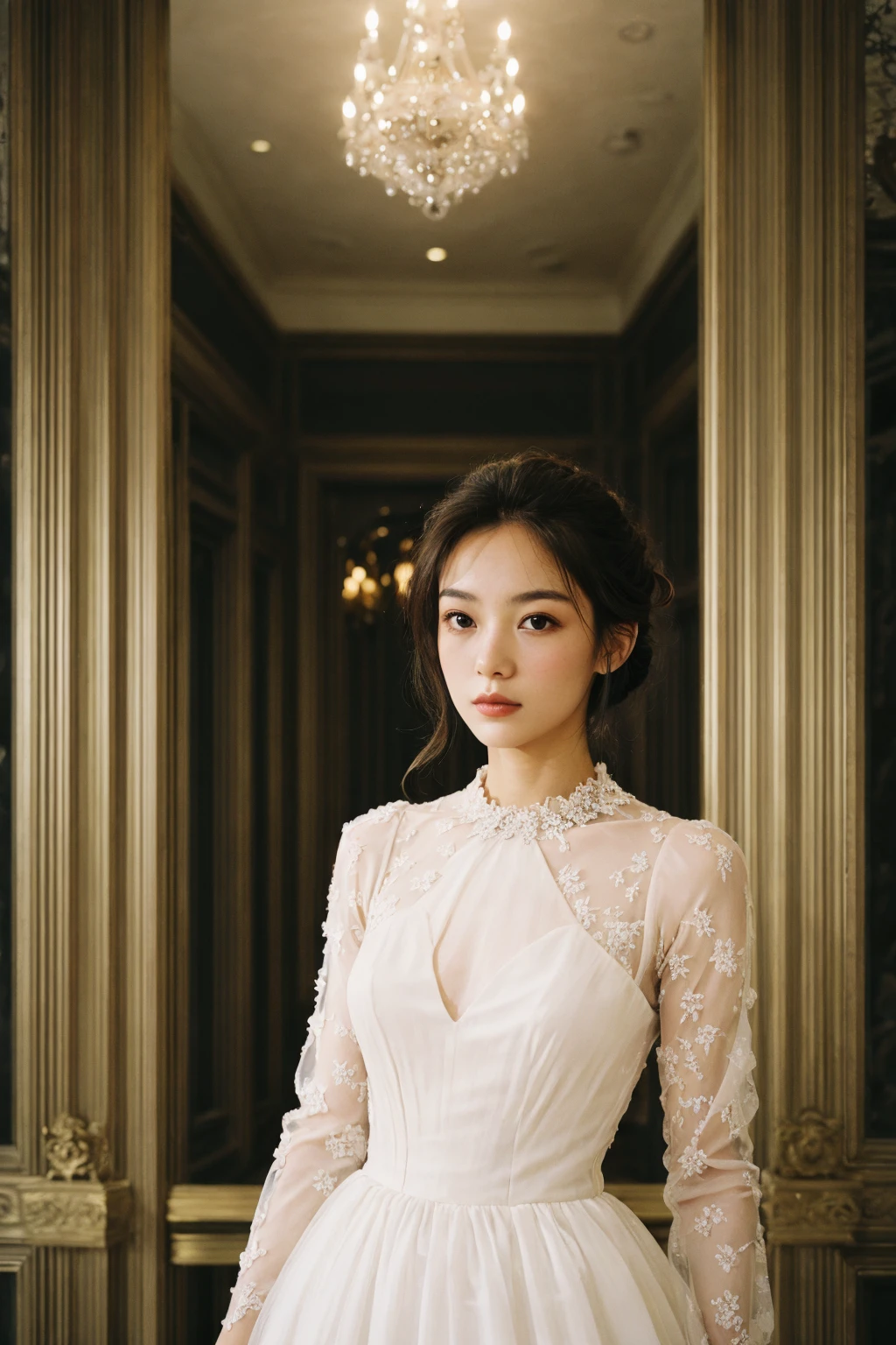 <lora:FilmGX2:0.6>, 1girl in a modern, elegant ball gown, styled with a sleek updo and minimalist jewelry. She should have a confident, regal expression. The background is a luxurious modern palace, with clean lines, high ceilings, and extravagant chandeliers. The photo should be shot in high definition, with a sharp focus on the subject and a soft, blurred background for a captivating portrait