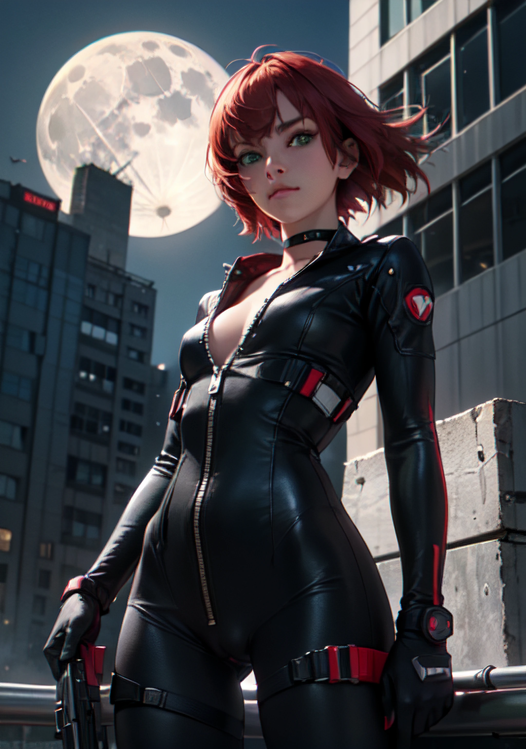 (photorealistic, masterpiece, highres, best quality, ultra detailed, detailed background:1.2), 1girl, green eyes, short messy red hair, small perky breasts, toned, dark skin, black choker, cyberpunk, night, full moon, building, (rooftop:1.2), wind, looking at viewer, facing viewer, from below, pov, unzipped bodysuit, cameltoe, thigh holster, handgun, holding gun,
