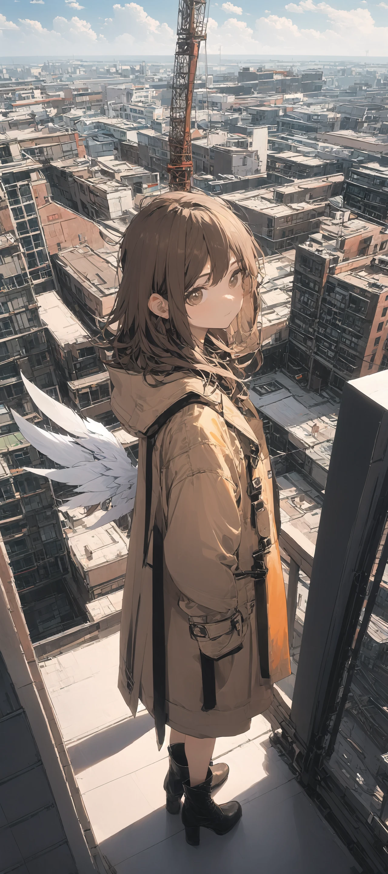 (masterpiece, best quality),from above , 1girl, solo, (feathered wings:1.2), billboard, brown eyes, brown hair, building, city, cloudy sky, coat, boots, crane \(machine\), dutch angle, from side, light frown, looking at viewer, outdoors, rooftop, sky, skyscraper