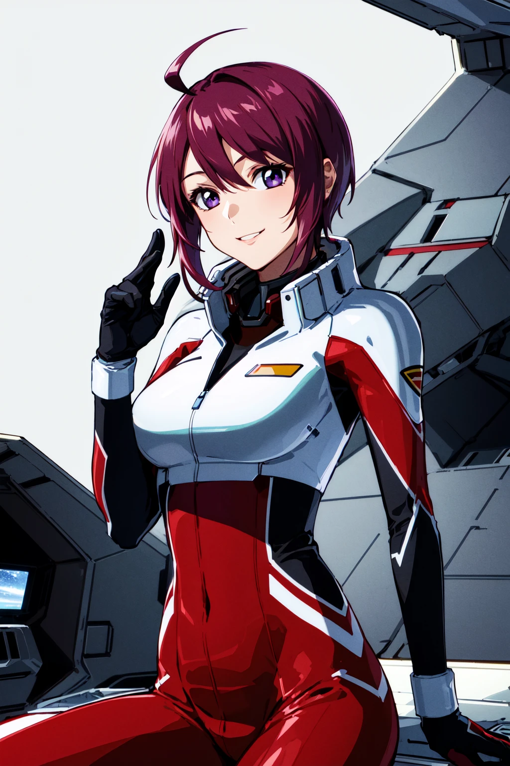 masterpiece, best quality, highres, 1girl, solo, short hair, ahoge, red hair, purple eyes, purple hair, pilot suit, gloves, <lora:lunamaria_hawke_v10:0.7>, cowboy shot, standing, spacecraft, cockpit, sitting, smile