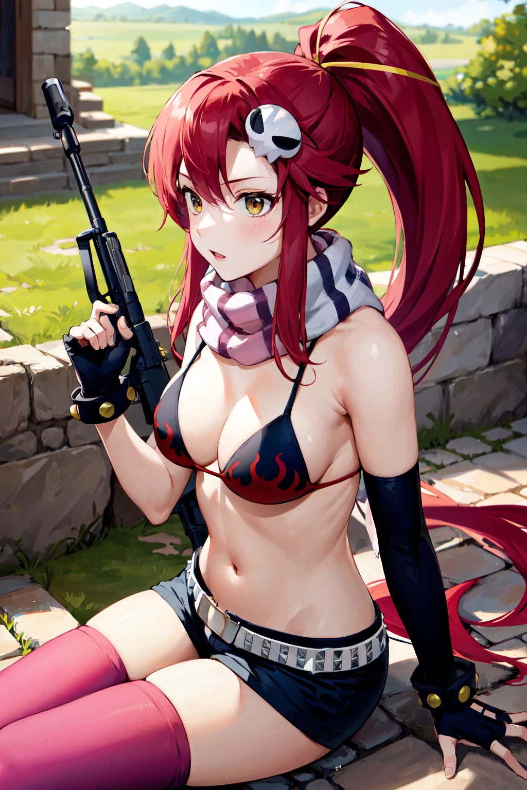 masterpiece, best quality, highres, yl1, ponytail, scarf, bikini top only, short shorts, midriff, belt, fingerless gloves, skull hair ornament, elbow gloves, pink thighhighs, <lora:yoko_littner_v1:0.7>, cowboy shot, outdoors, sitting, ruins, rifle, holding weapon,