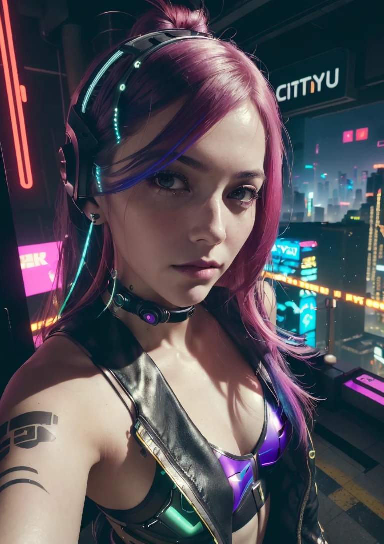 analog style, model shoot style, photo ((selfie:1.8)) of a girl, 1girl, (cyberpunk:1.8, cyberpunk city background:1.8), ((cutest face: 1.8, perfect face:1.3)), (long multicolored hair:1.4, pale skin:1.5),
(from above:1.2), best quality, epic (by lee jeffries photo, sony a7, 50 mm, pores:1.5, colors, hyperdetailed:1.5, film grain:1.4,
hyperrealistic: 1.5), hyper-realistic lifelike texture, masterpiece, unreal engine 5, Extremely detailed CG unity 8k wallpaper, realistic eyes,
Madly detailed photo, (ecstasy of light and shadow, deep shadow), (Winner of the Pulitzer Prize for Photography and Taylor Wessing Photographic Prize)
