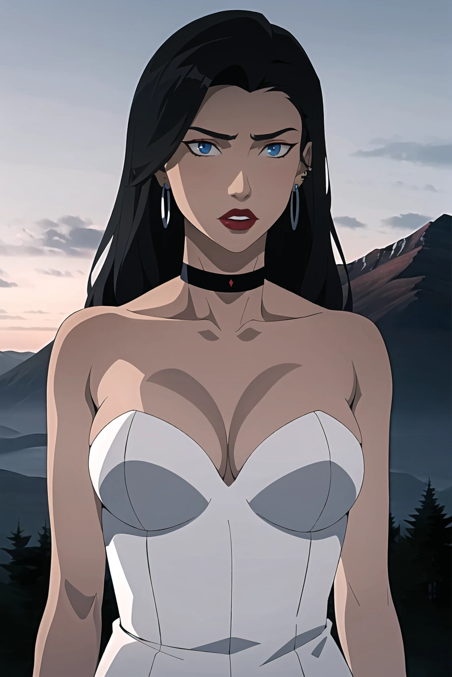 1girl, solo, long hair, black hair, choker, breasts, earrings, blue eyes, jewelry, lipstick, makeup, dark, bare shoulders, mountain, night, upper body, dress, large breasts, ((masterpiece)) <lora:dcau_fantasy_offset:1>
