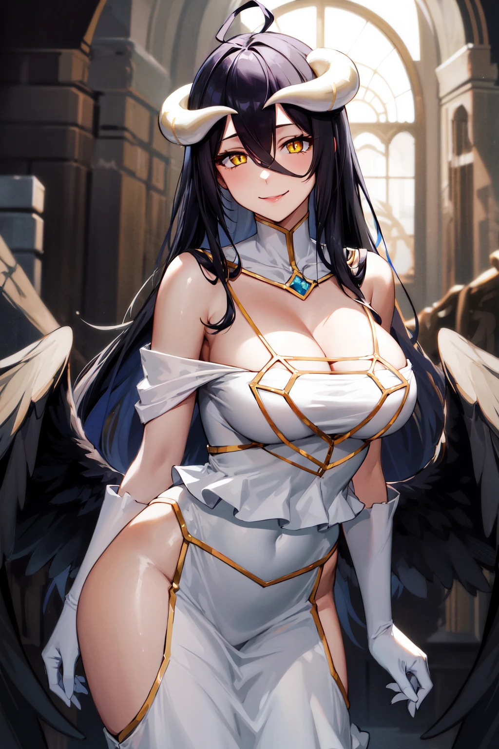 masterpiece, best quality, highres, al1, demon horns, slit pupils, white gloves, white dress, bare shoulders, detached collar, cleavage, black wings, feathered wings, low wings, <lora:albedo_(overlord)_v10:0.7>, cowboy shot, standing, smile, dungeon, evil smile,