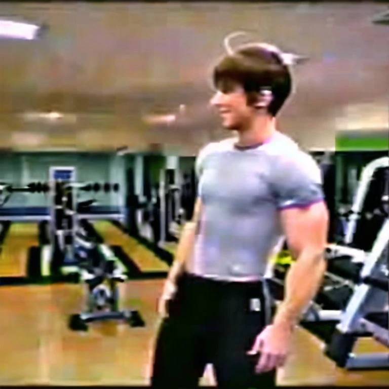 <lora:VHS3:1.0> , VHS, VHS footage of, distortion,  [glitch], antenna hair, brown eyes, brown hair, buruma, crossdressing, flat chest, gym uniform, midriff, shirt lift, short hair, smile, trap