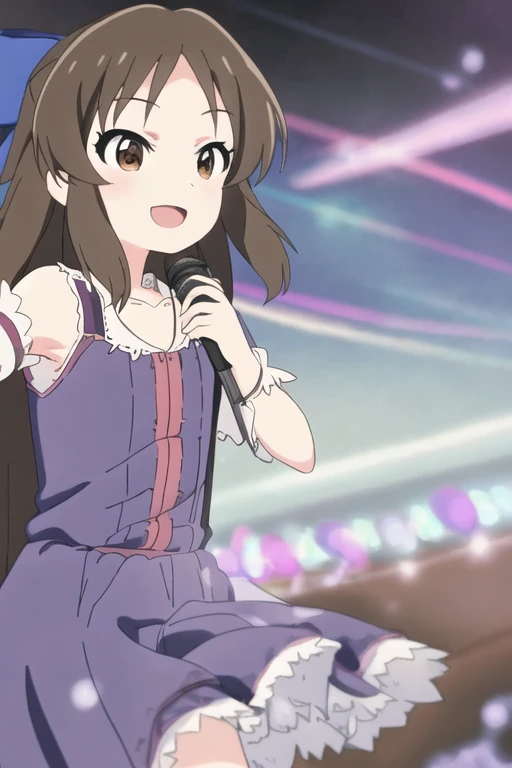 Tachibana Arisu, 1girl, microphone, brown eyes, brown hair, long hair, solo, smile, dress, open mouth, detached sleeves, hair bow, blush, music, singing, bow
 <lora:arisu-u149-anime-v1.0:1>