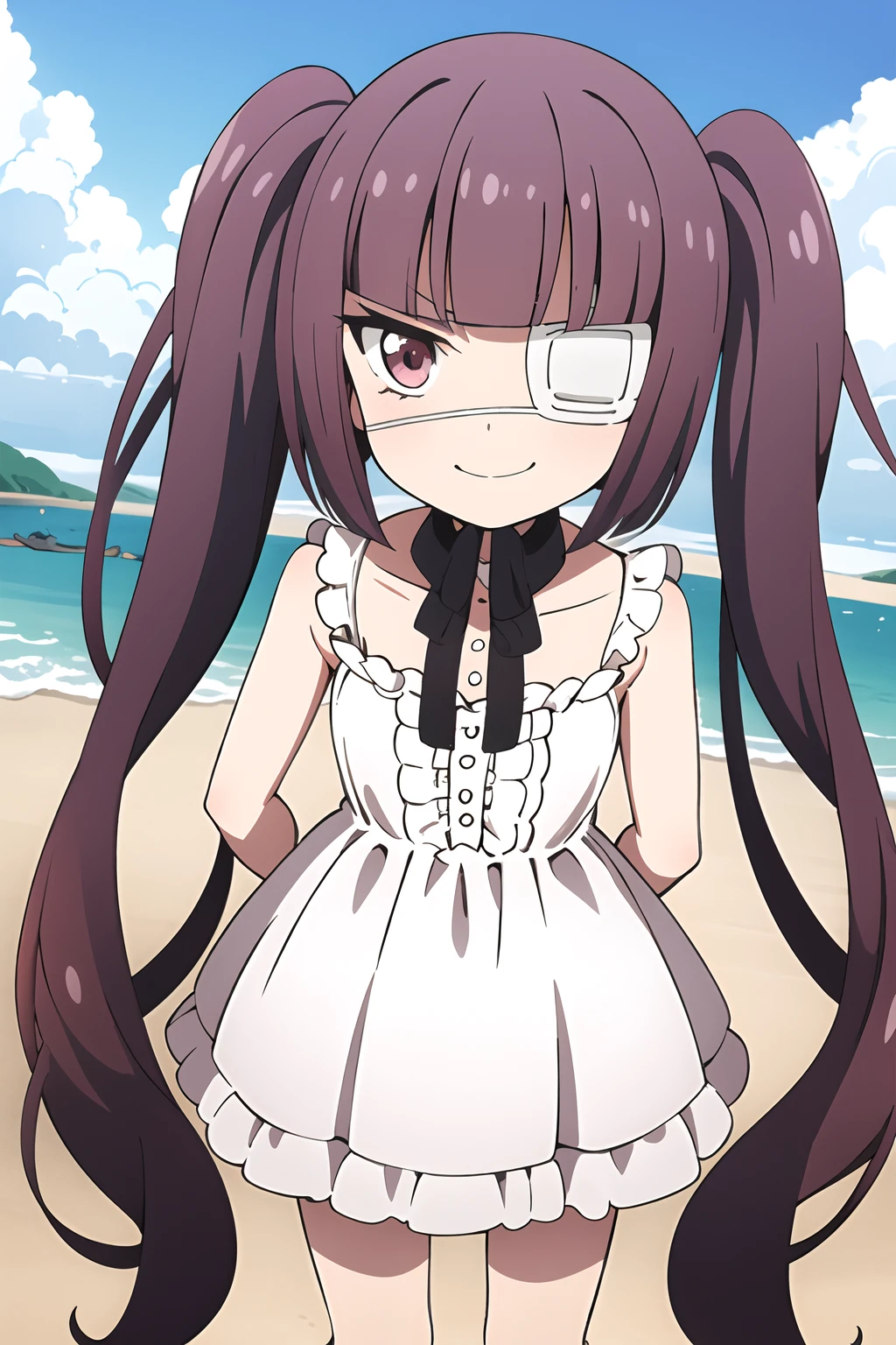 masterpiece, 1girl, yurine \(jashin-chan dropkick\), white dress, twin tails, eyepatch, angry eyes,  smirk, beach, ocean, sunny