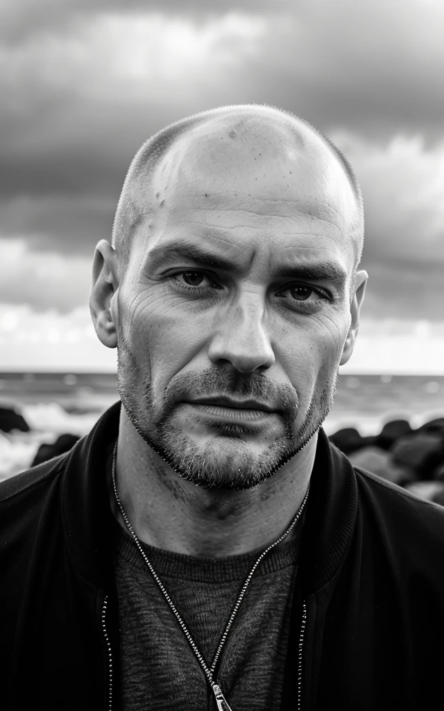 b&w photo of 42y old man in black clothes, bald, face, half body, body, high detailed skin, skin pores, coastline, overcast weather, wind, waves, 8k uhd, dslr, soft lighting, high quality, film grain, Fujifilm XT3