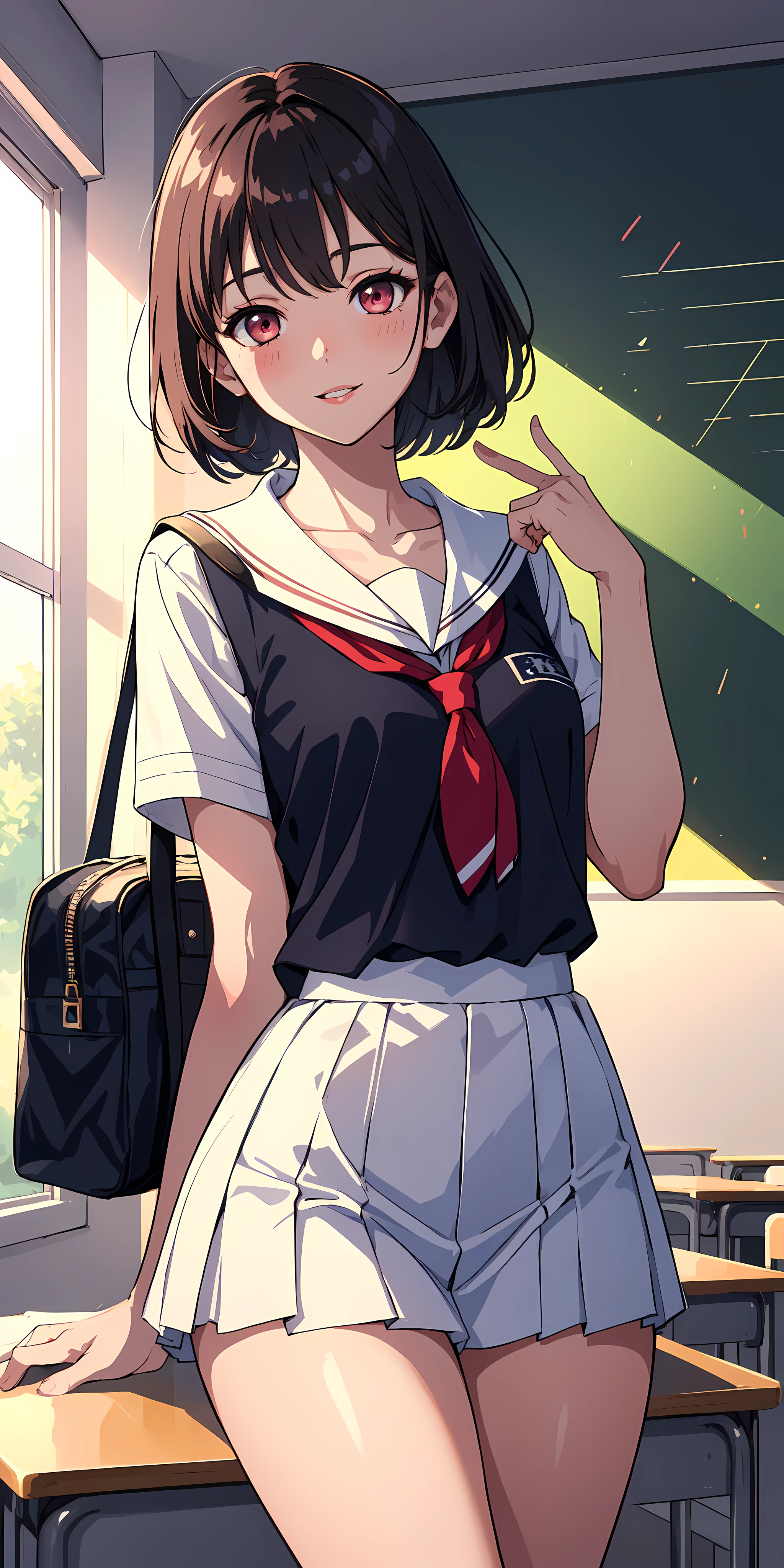 1girl, parted lips, blush, makeup, light smile, school uniform, classroom, school bag, light rays, glow, thighs, collarbone, narrow waist, (masterpiece), wallpaper,