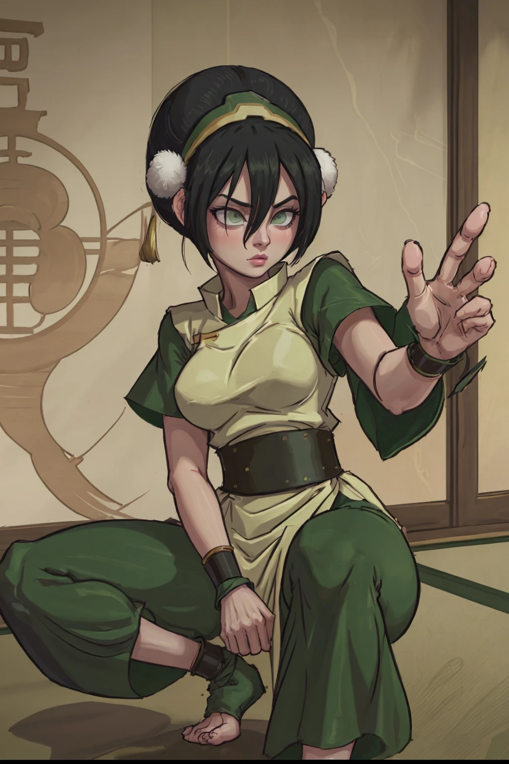 AS-Adult beautiful brunette woman inside dojo training room toph, 1girl, black hair, short hair, hair bun, hairband, blind, chinese clothes, tunic, green shirt, sash, capri pants, pelvic curtain, <lora:avatarToph_v10:0.5> <lora:tophBeifongAvatarThe_v10:0.5>